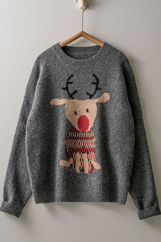 Rudolph Crewneck Knit Sweater in GREY - Women's Sweaters | Urban Daizy
