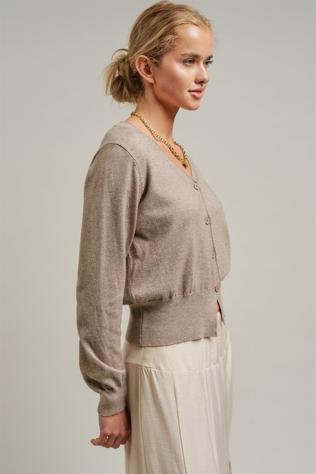 Soft V-Neck Button Knit Cardigan in H MOCHA - Women's Cardigans & Shrugs | Urban Daizy