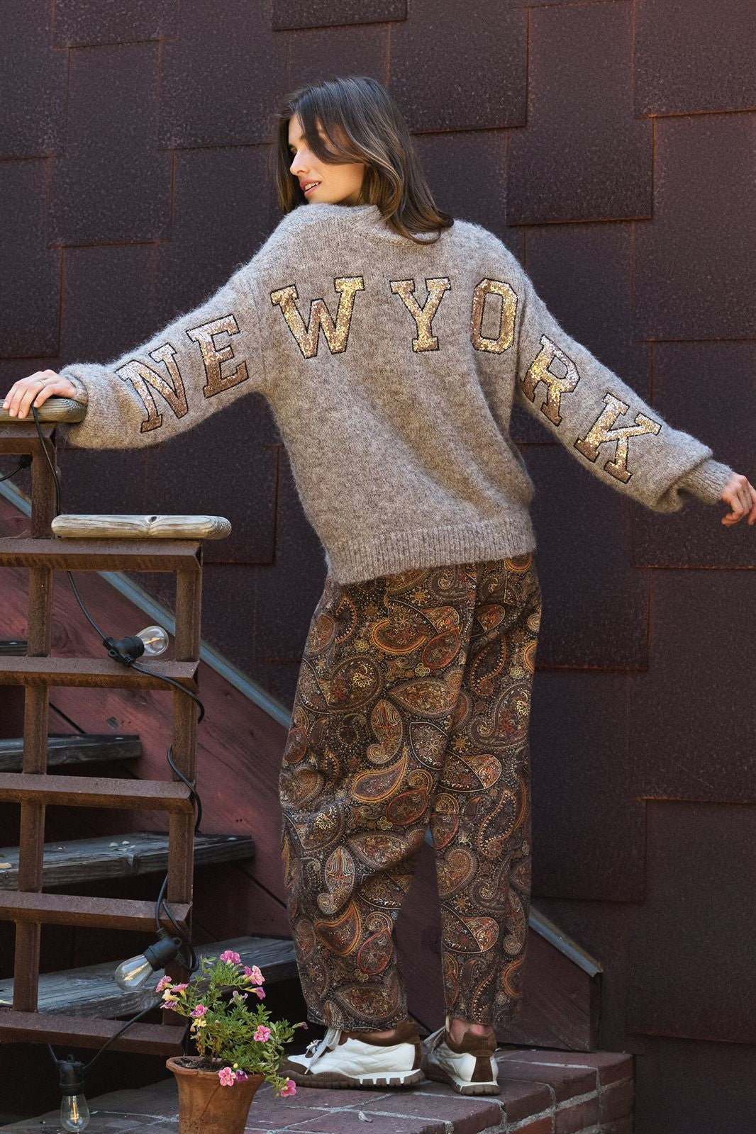 New York Sequin Letter Fuzzy Wool Blend Pullover Sweater in MOCHA - Women's Sweaters | Urban Daizy