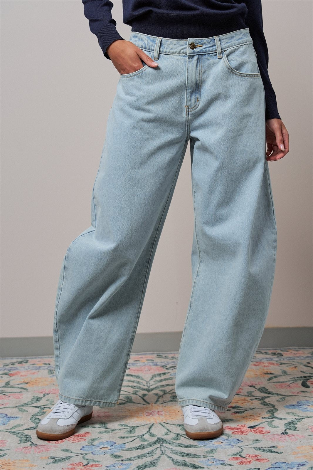 Light Wash Curved Barrel Leg Wide Jeans in LT BLUE - Women's Casual Pants | Urban Daizy