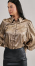 Metallic Shimmer Button Down Blouse with Puff Sleeves in GOLD - Women's Shirts & Blouses | Urban Daizy