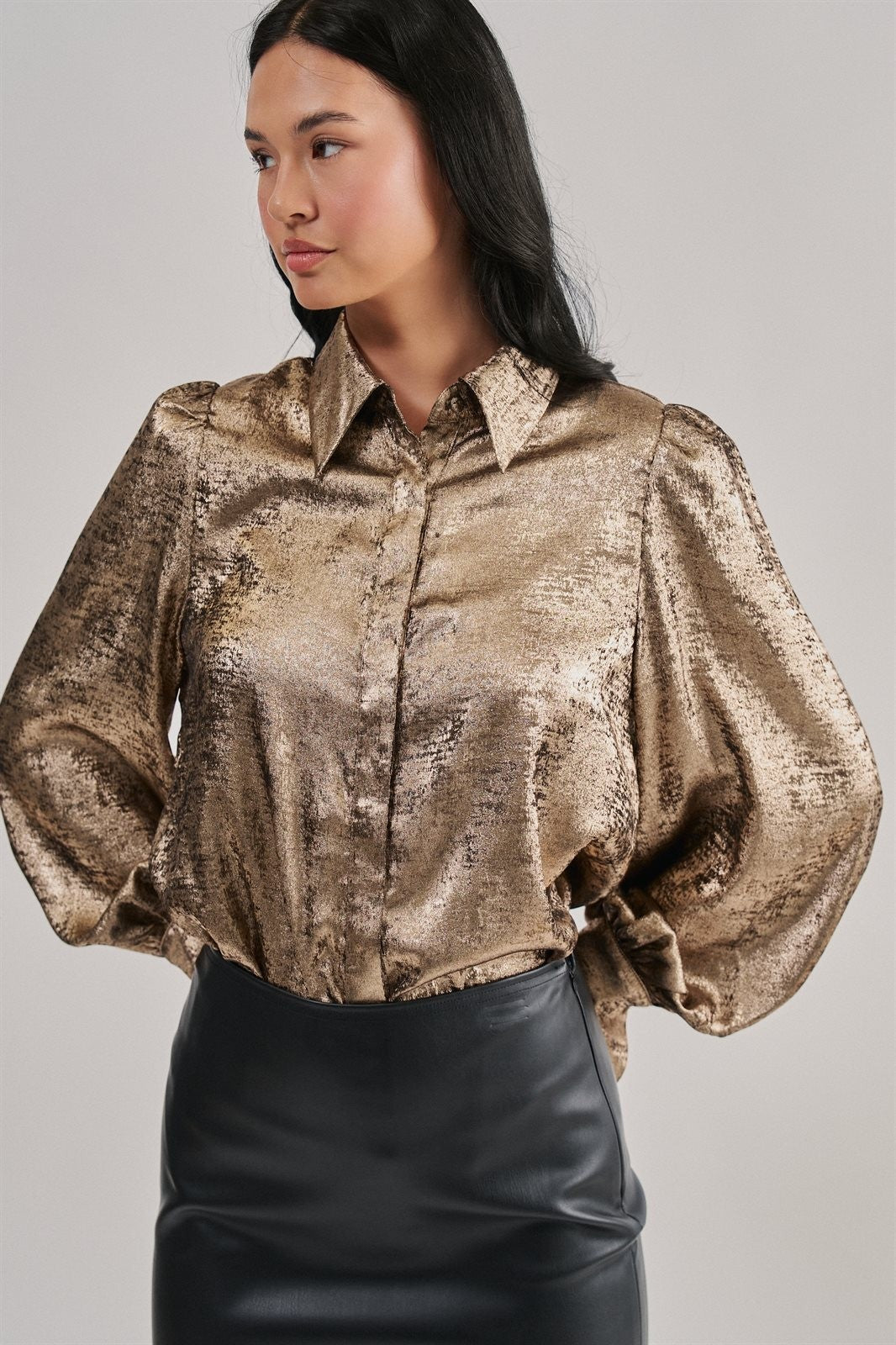 Metallic Shimmer Button Down Blouse with Puff Sleeves in GOLD - Women's Shirts & Blouses | Urban Daizy
