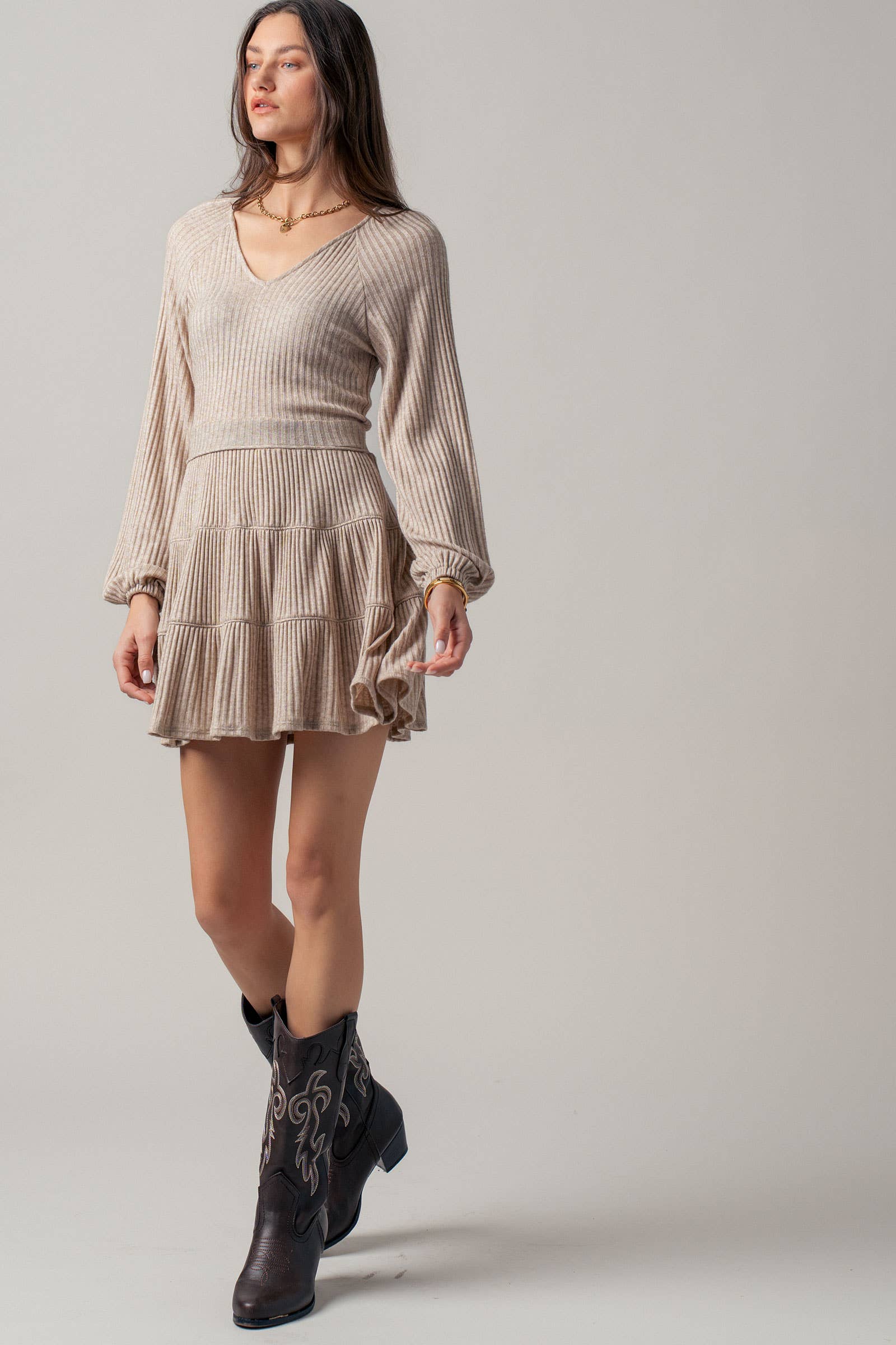 Cashmere Ribbed V-Neck Tiered Mini Dress