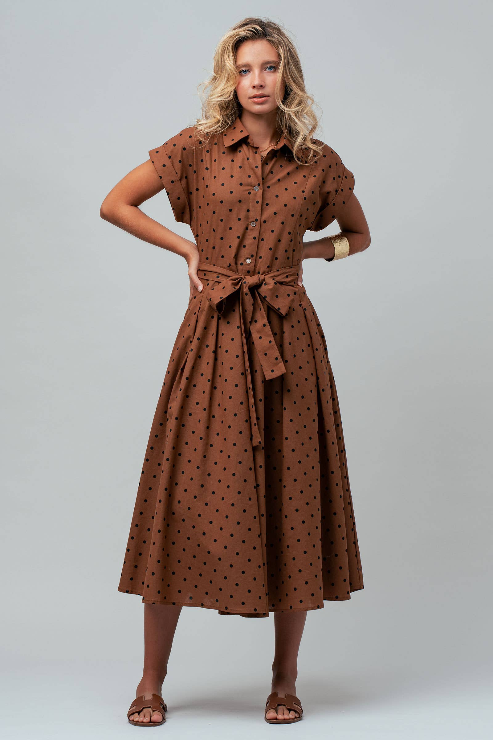 Polka Dot Cotton Belted Midi Shirt Dress