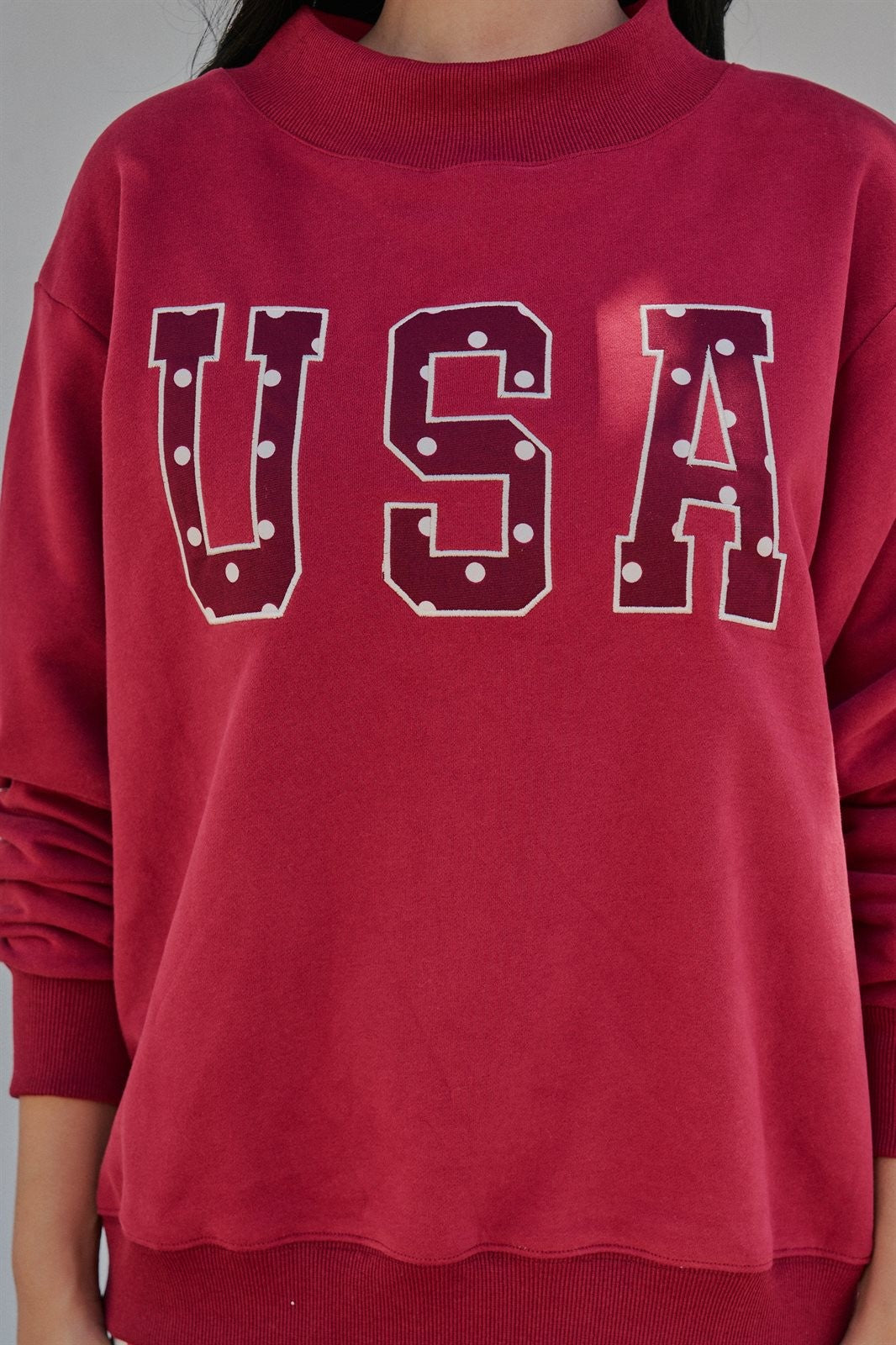 USA Polka Dot Varsity Letter Mock Neck Sweatshirt in BURGUNDY - Women's Sweatshirts & Hoodies | Urban Daizy