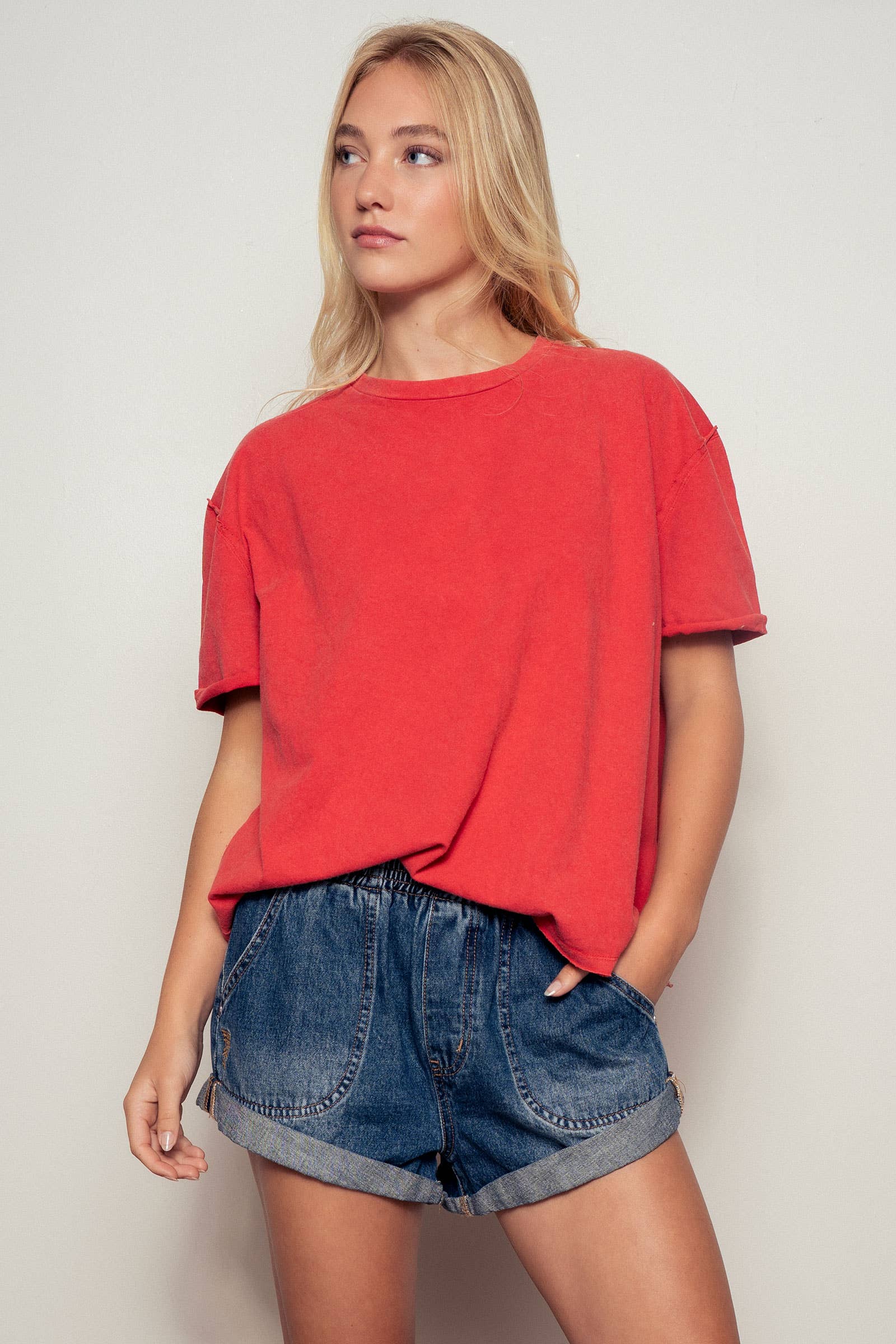 Urban Daizy Boxy Oversized Cotton Crewneck Tee Red T-Shirt - Women's (UDZ-TP-00810)