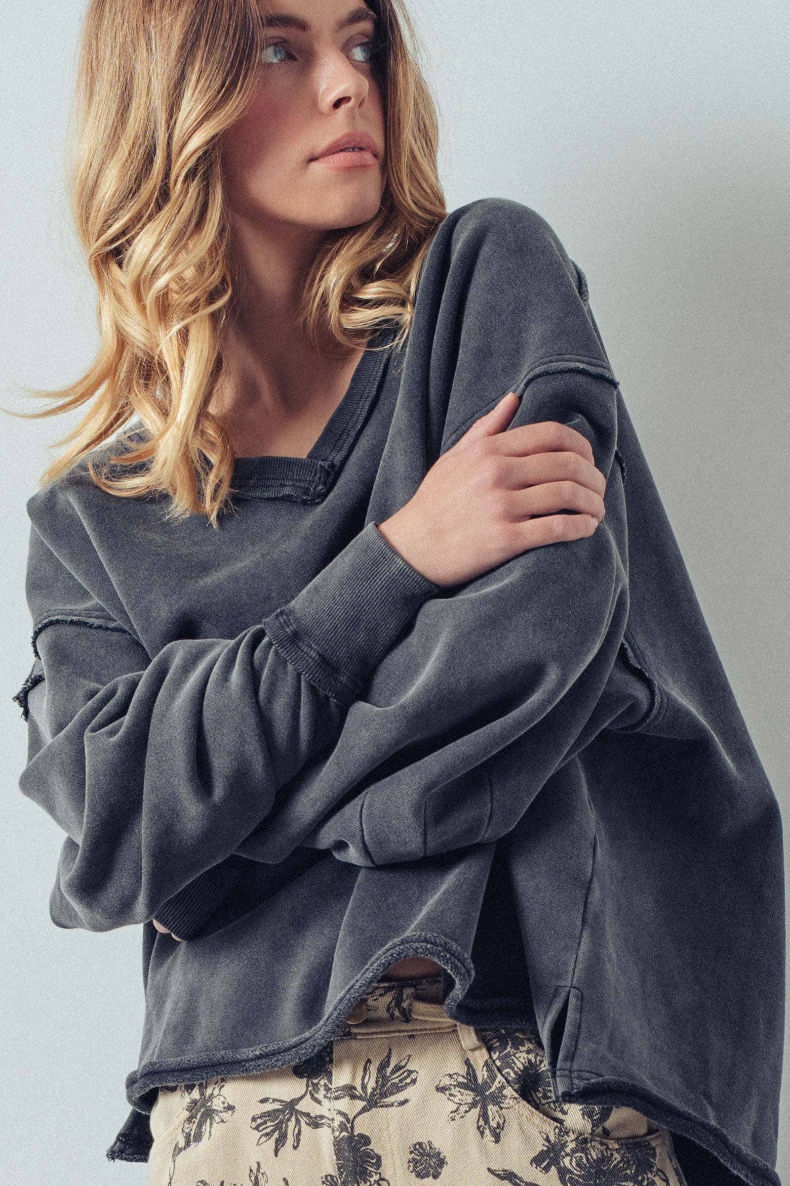 Raw Edge V-Neck Oversized Sweatshirt