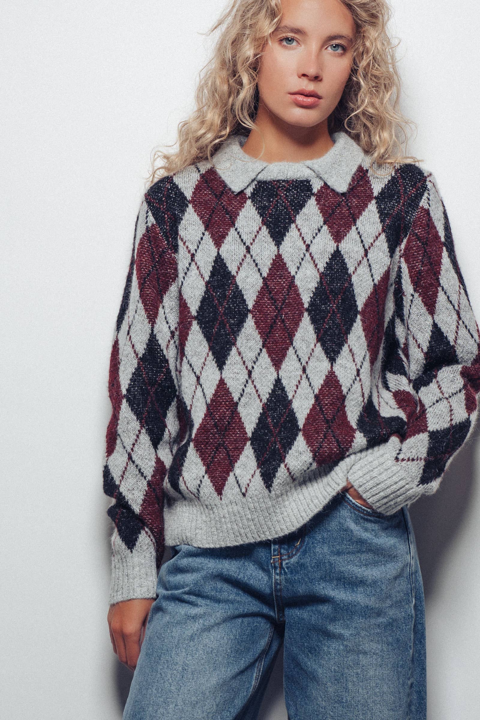 Argyle Polo Collar Knit Sweater