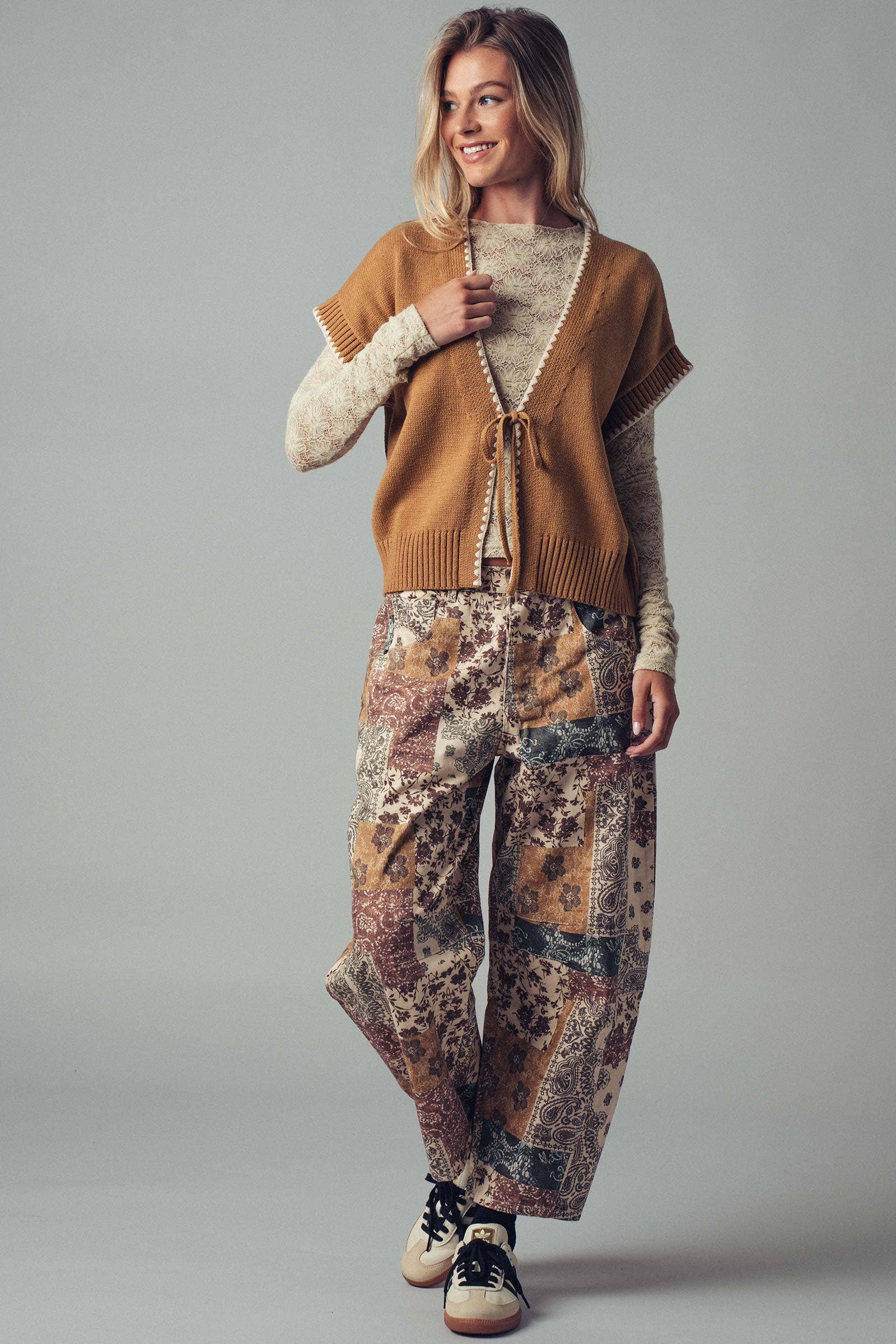 Crochet Trim Tie Front Knit Vest