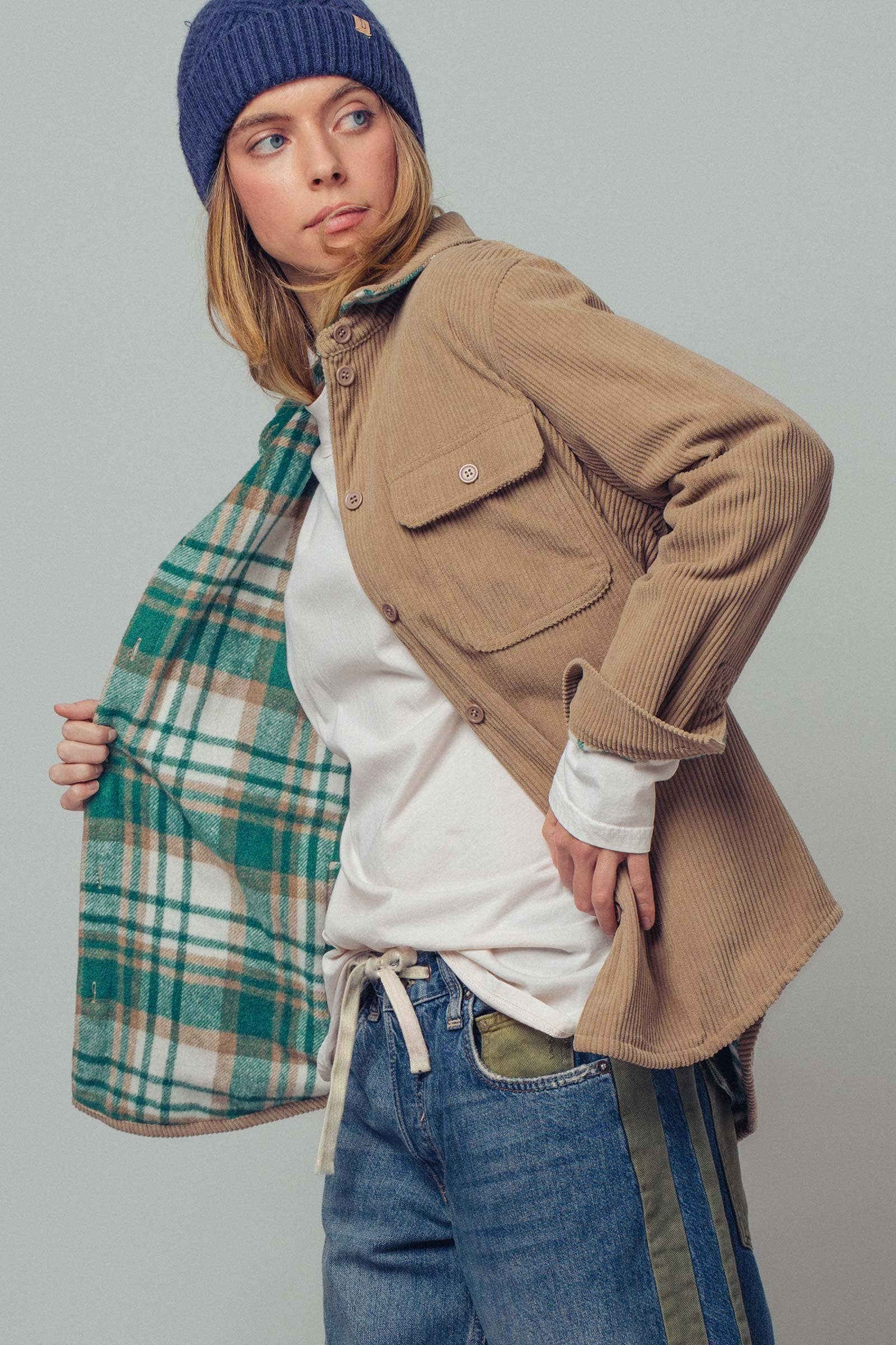 Urban Daizy Plaid Flannel-Lined Corduroy Shacket Taupe Shirt Jacket/Shacket - Women's (UDZ-KN-00150) – alternate view 12