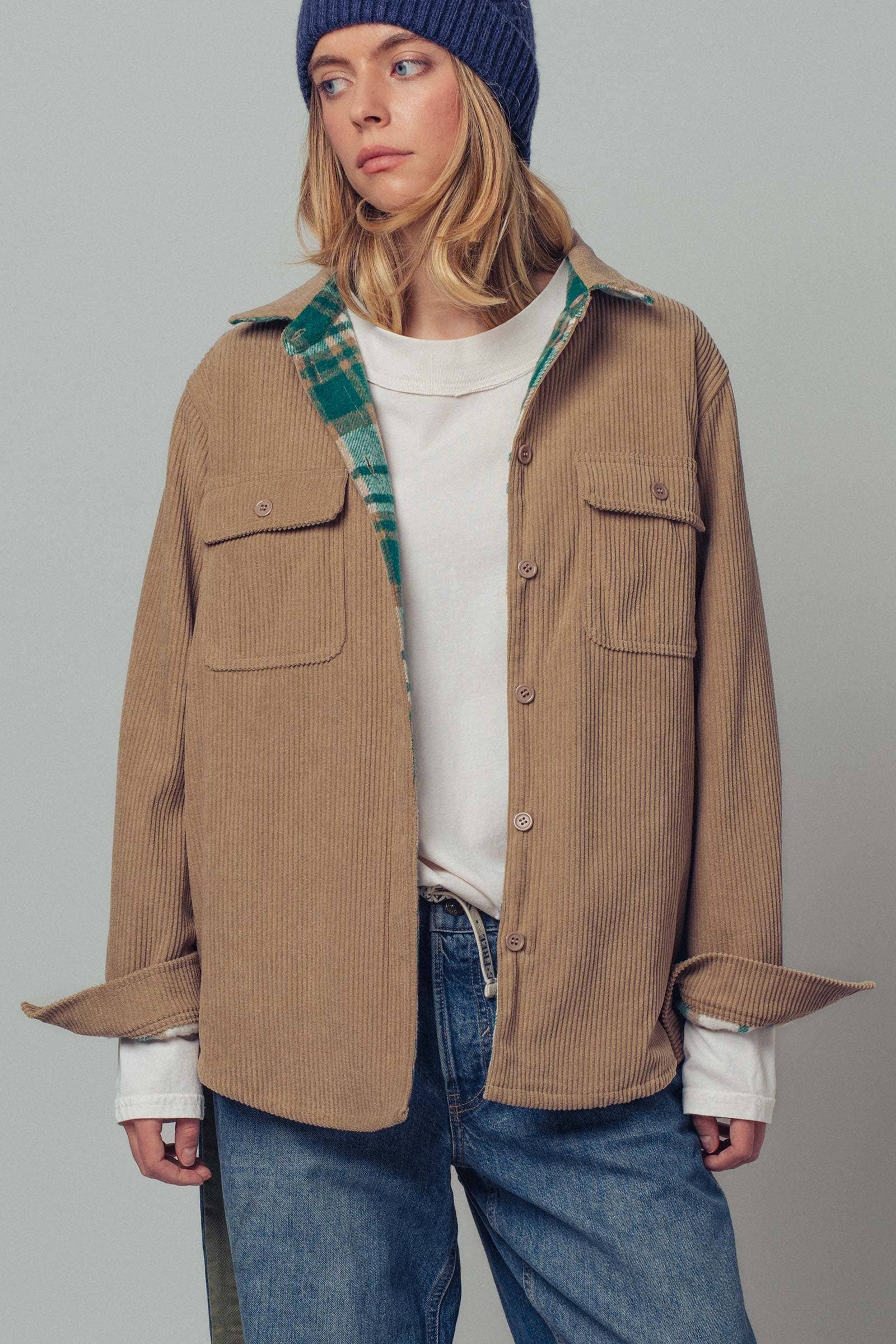 Urban Daizy Plaid Flannel-Lined Corduroy Shacket Taupe Shirt Jacket/Shacket - Women's (UDZ-KN-00150) – alternate view 9