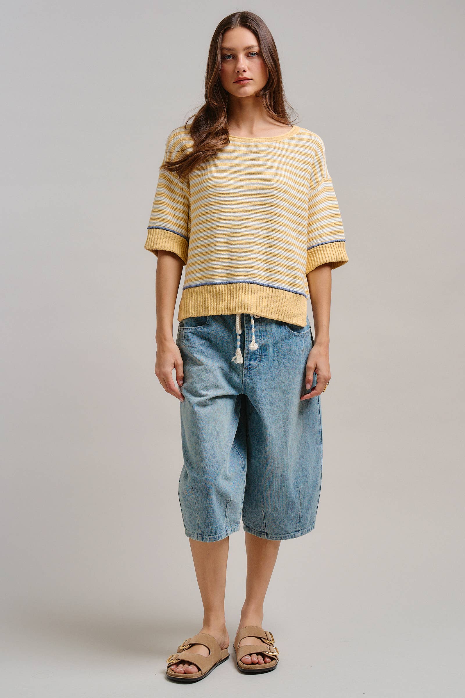 Yellow Striped Contrast Trim Sweater Tee