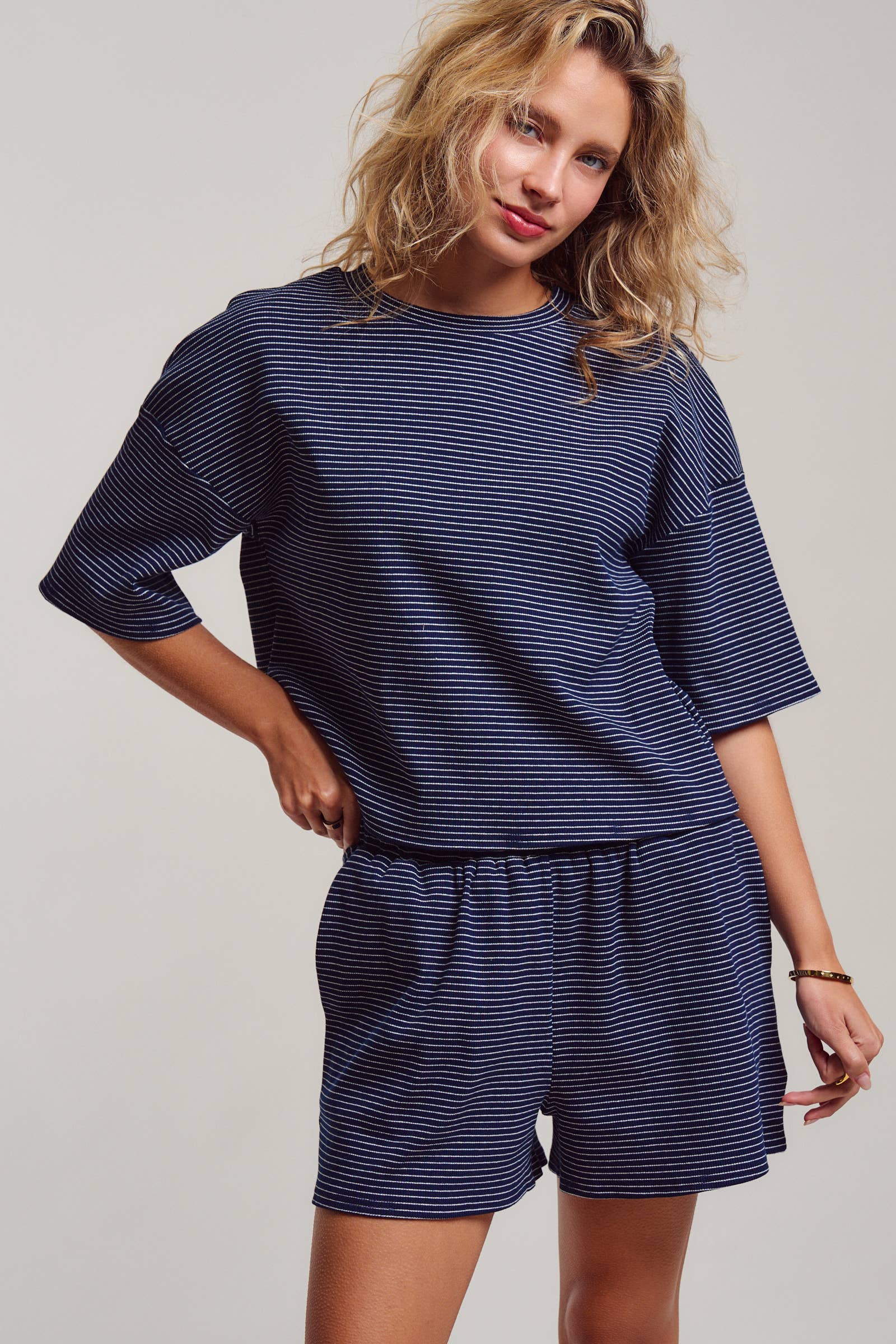 Striped Knit Two-Piece Lounge Set Boxy Tee