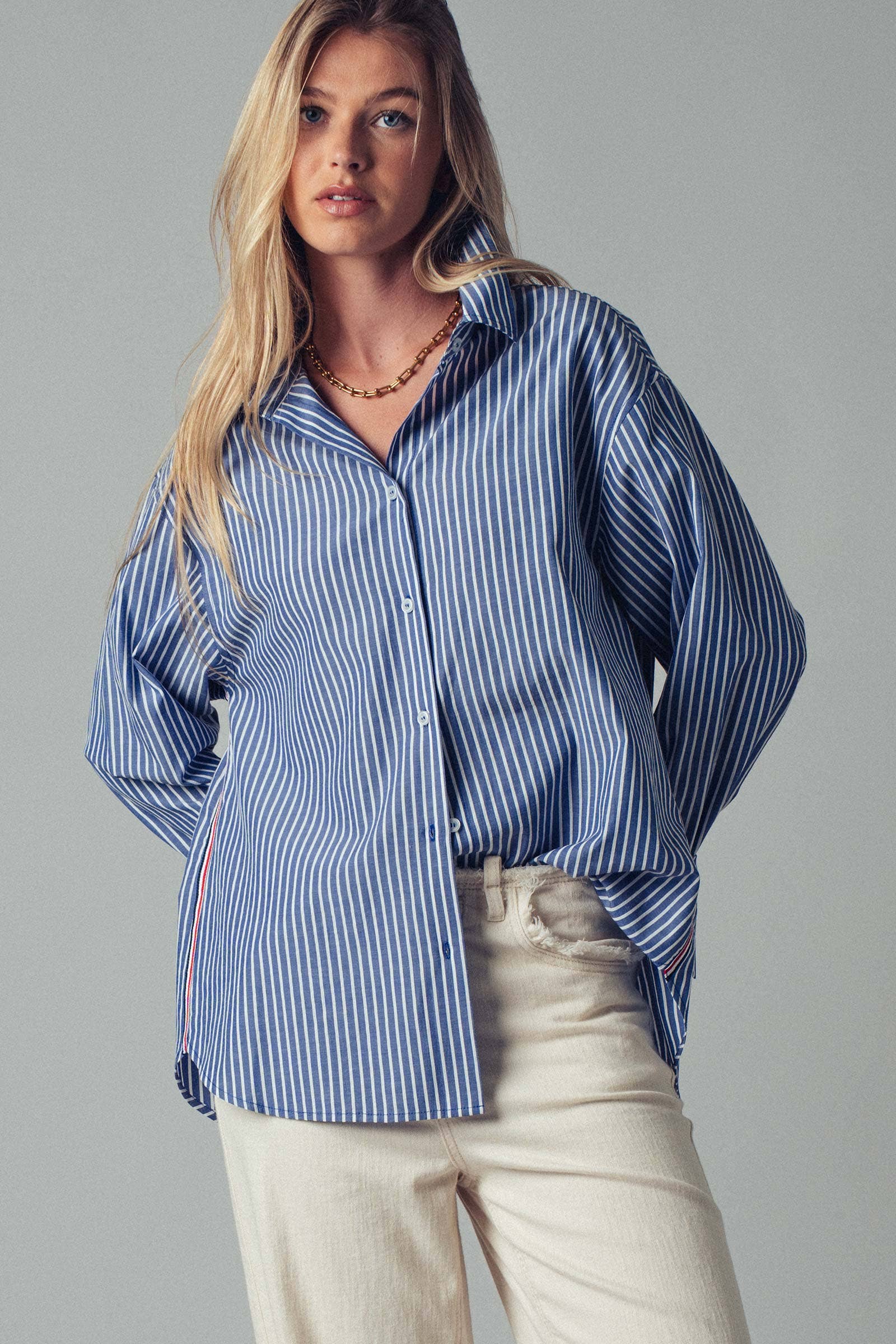 Striped Twill Tape Detail Statement Button Shirt