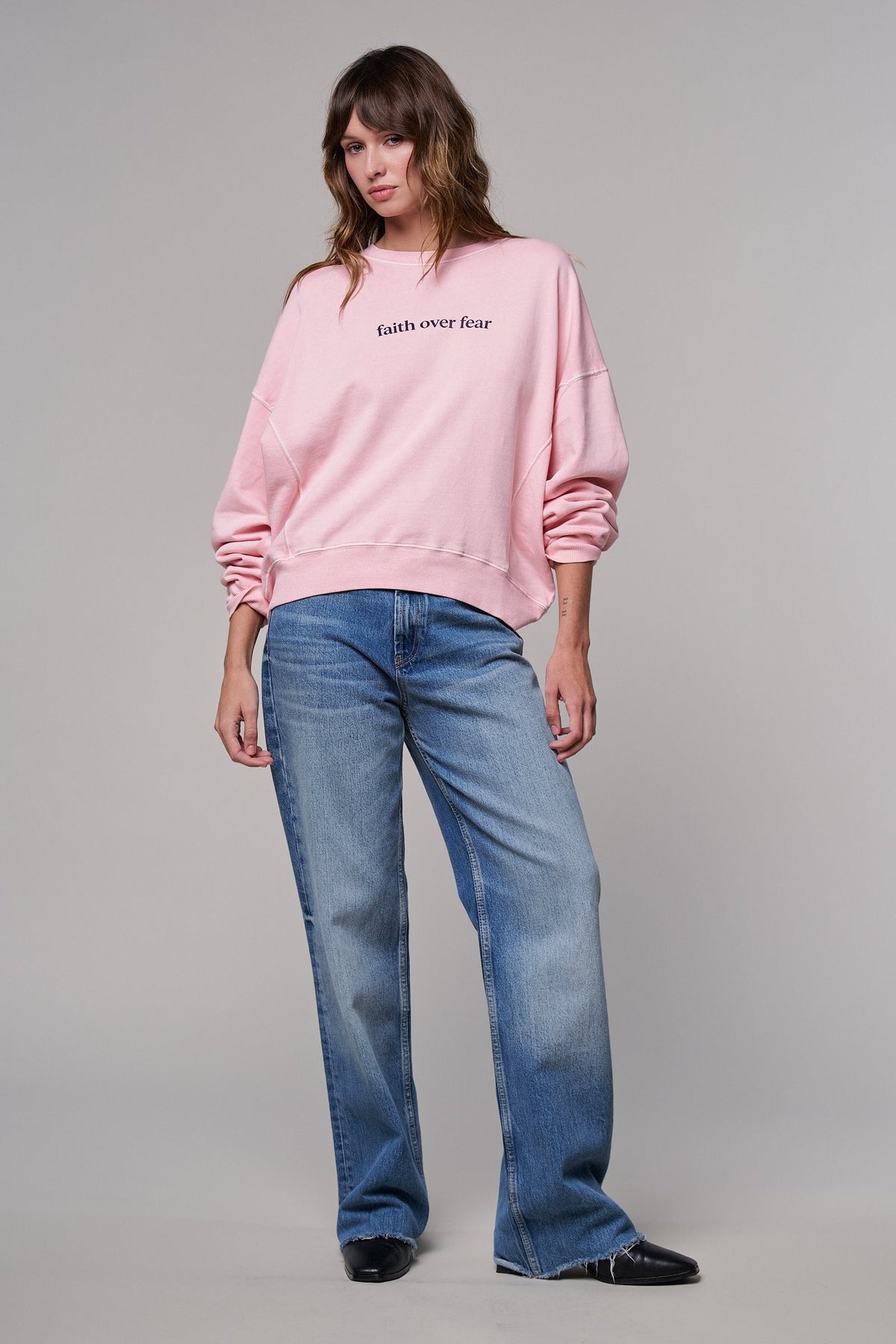 Oversized Graphic Sweatshirt Pigment Wash Cotton Crewneck in PINK CLAY - Women's Sweatshirts & Hoodies | Urban Daizy