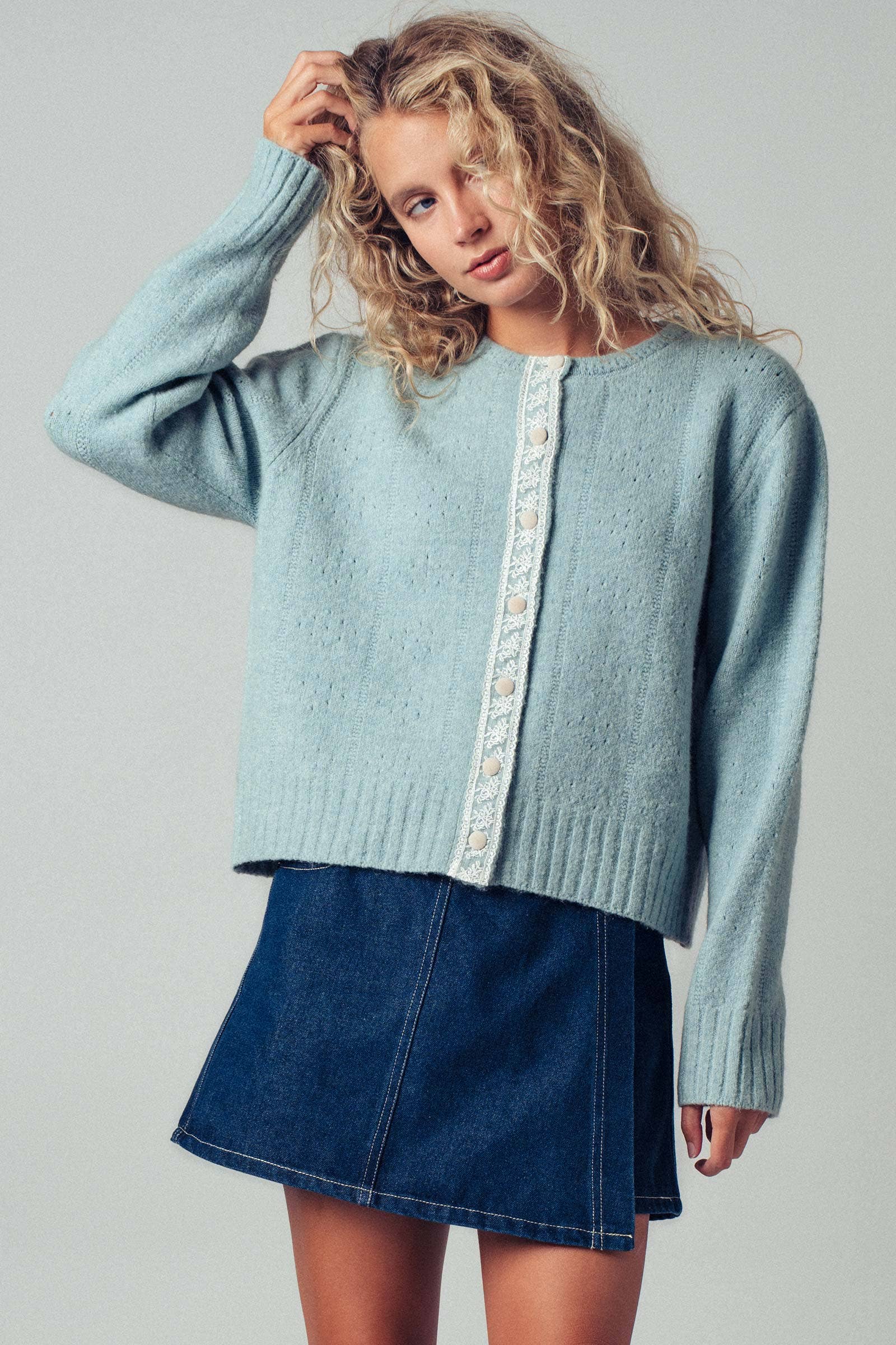 Urban Daizy Lace Trim Wool Blend Cardigan Pastel-Blue Cardigan - Women's (UDZ-KN-00652) – alternate view 14