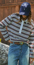 Striped Rugby Polo Long Sleeve Knit Top with Contrast Collar in IVORY BROWN - Women's T-Shirts & Polos | Urban Daizy