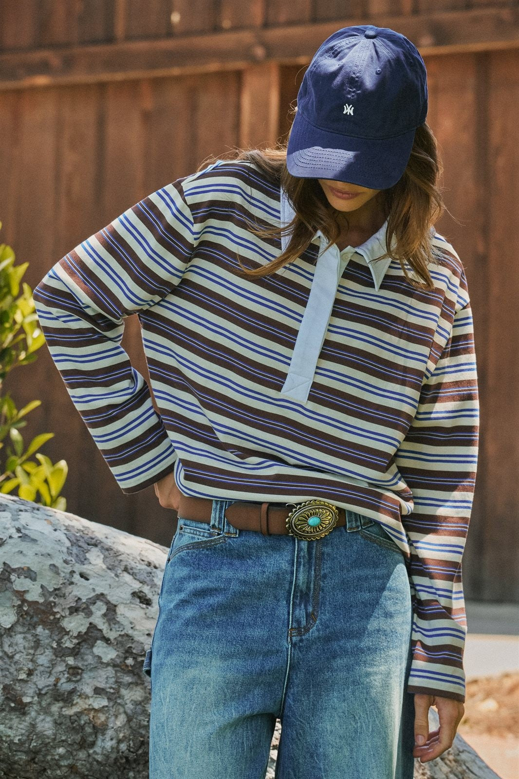 Striped Rugby Polo Long Sleeve Knit Top with Contrast Collar in IVORY BROWN - Women's T-Shirts & Polos | Urban Daizy