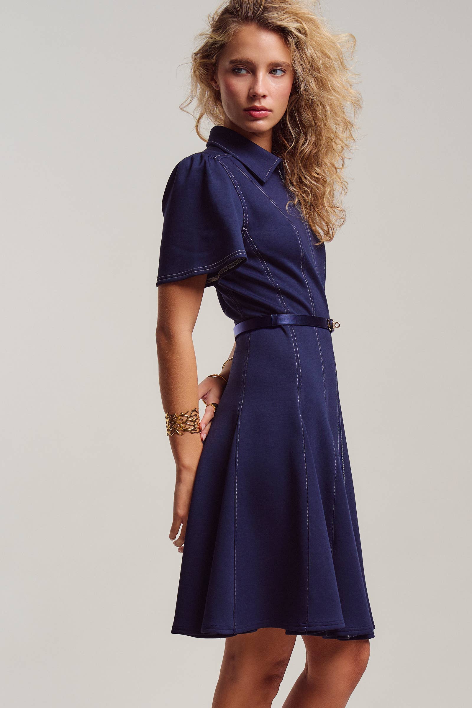 Contrast Stitch Zip Front Knit Mini Dress Belted