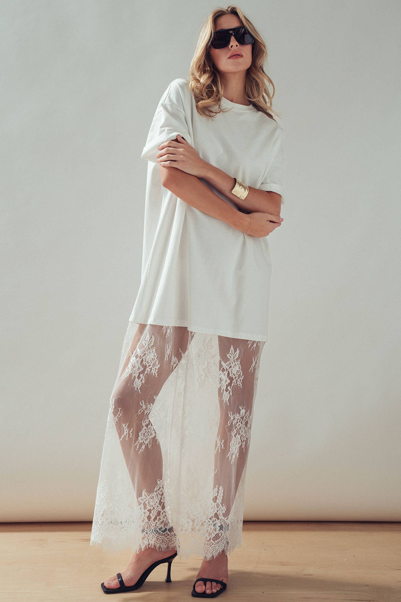 Mixed-Media T-Shirt Dress with Sheer Lace Skirt