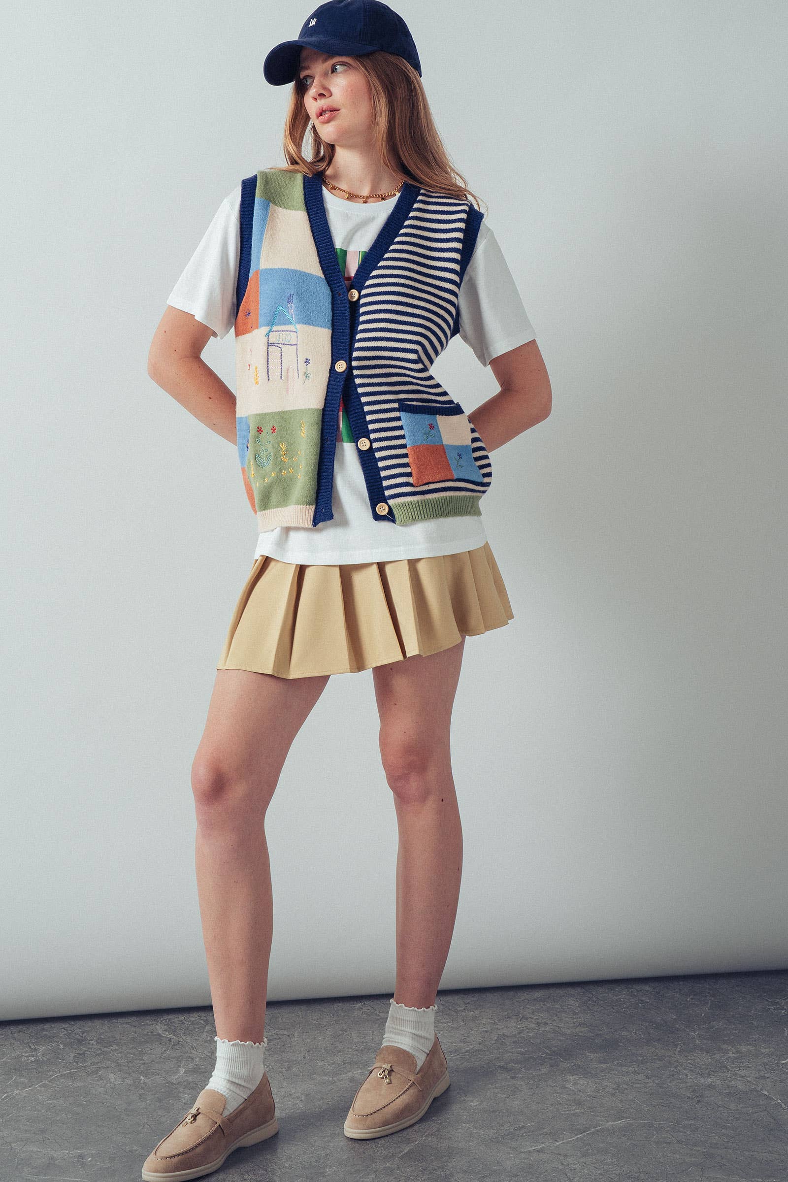 Embroidered Patchwork Striped Knit Vest