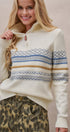 Fair Isle Quarter Zip Sweater Wool Blend with Leather Pull T in IVORY - Women's Cardigans & Shrugs | Urban Daizy