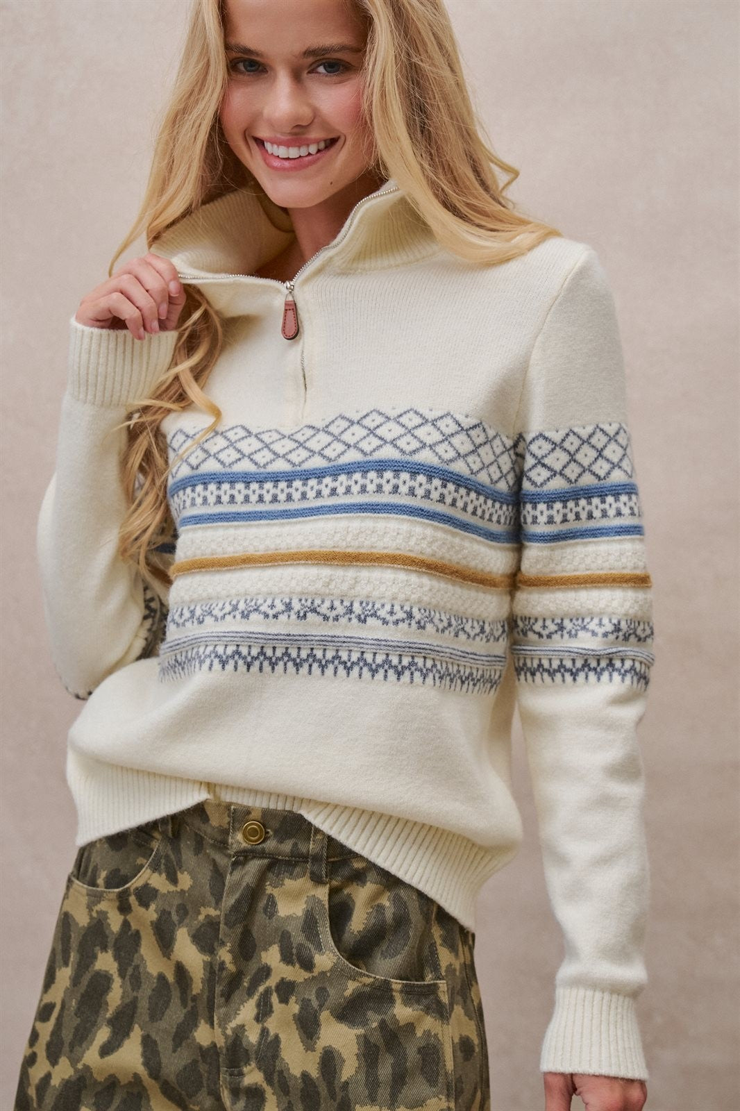 Fair Isle Quarter Zip Sweater Wool Blend with Leather Pull T in IVORY - Women's Cardigans & Shrugs | Urban Daizy