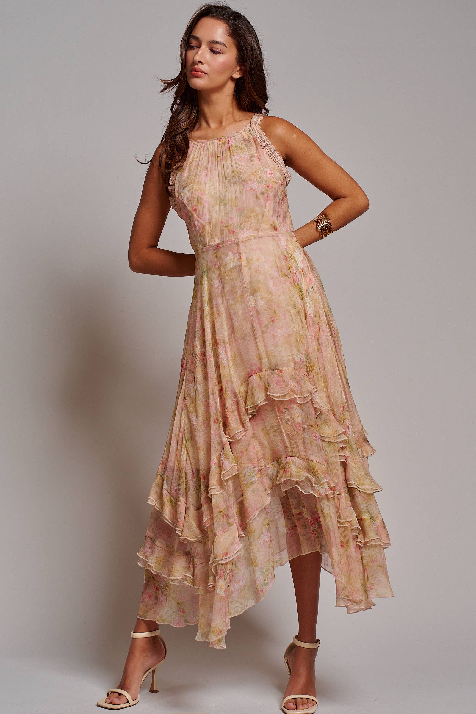 Floral Waterfall Ruffle Midi Dress Crochet Trim