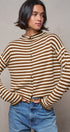 Striped Polo Collar Button Sweater with Rolled Edges in IVORY BROWN - Women's Cardigans & Shrugs | Urban Daizy