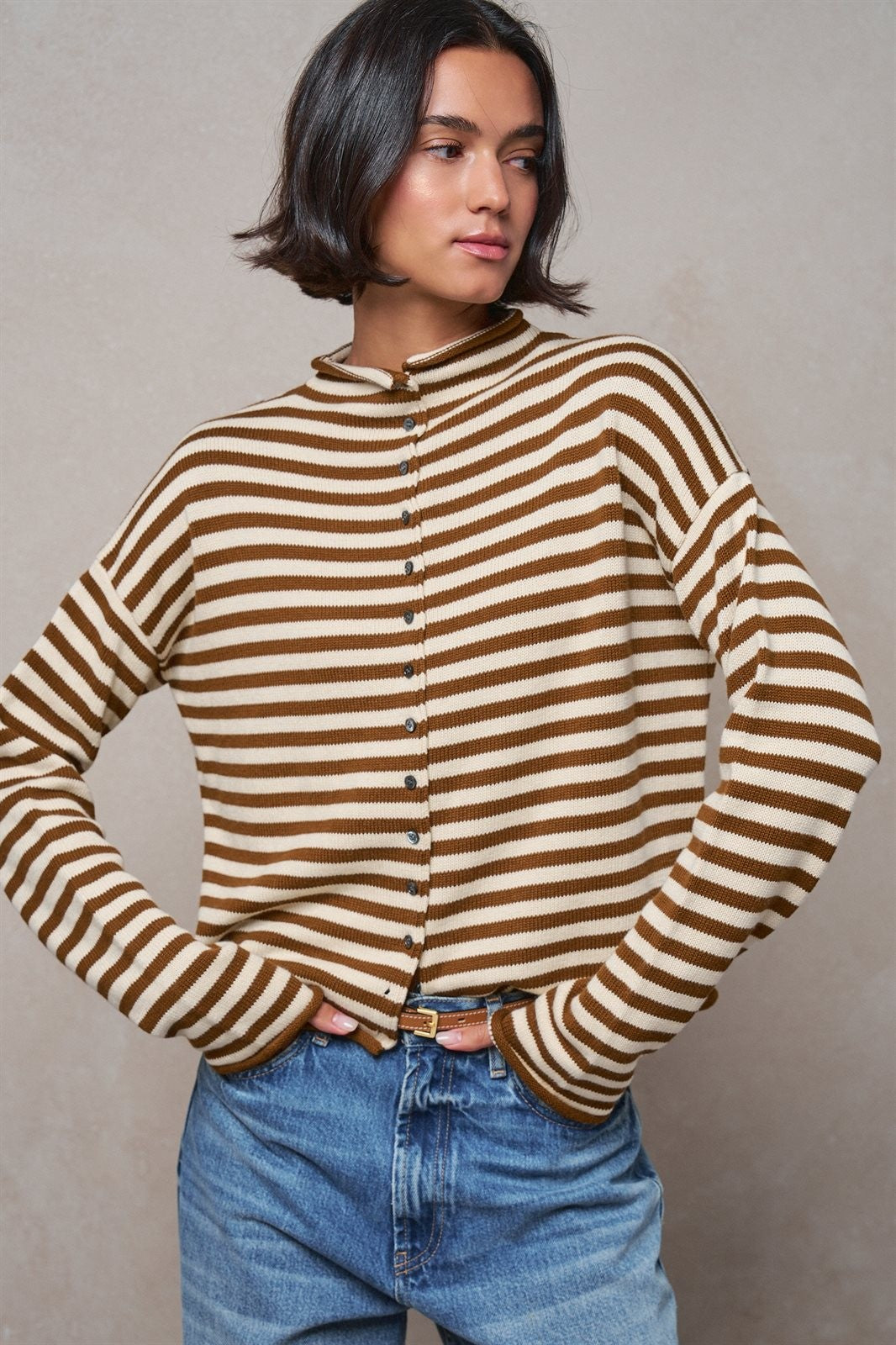 Striped Polo Collar Button Sweater with Rolled Edges in IVORY BROWN - Women's Cardigans & Shrugs | Urban Daizy