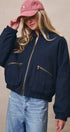 Cropped Zip Bomber Jacket in NAVY - Women's Jackets & Blazers | Urban Daizy