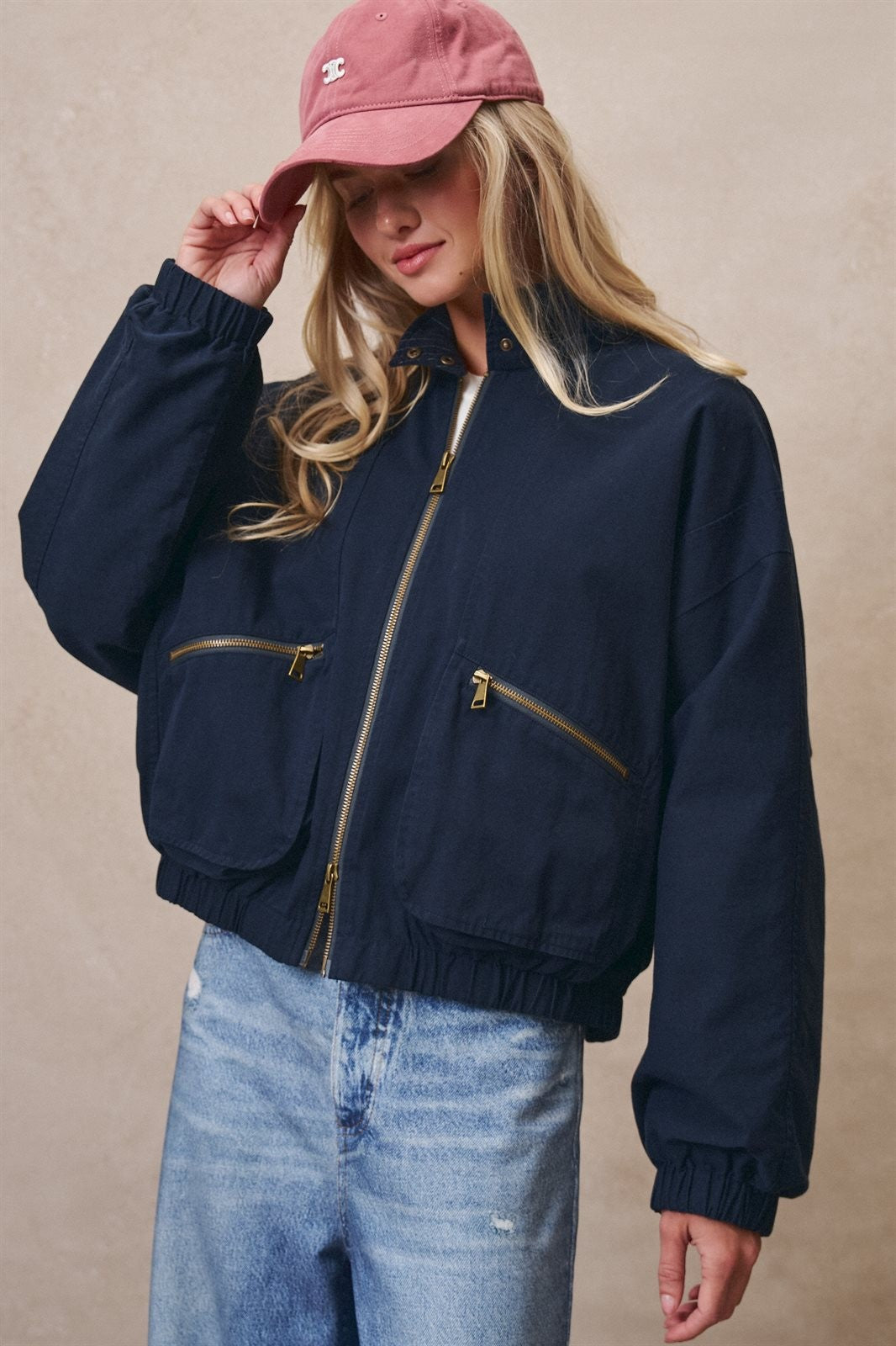 Cropped Zip Bomber Jacket in NAVY - Women's Jackets & Blazers | Urban Daizy
