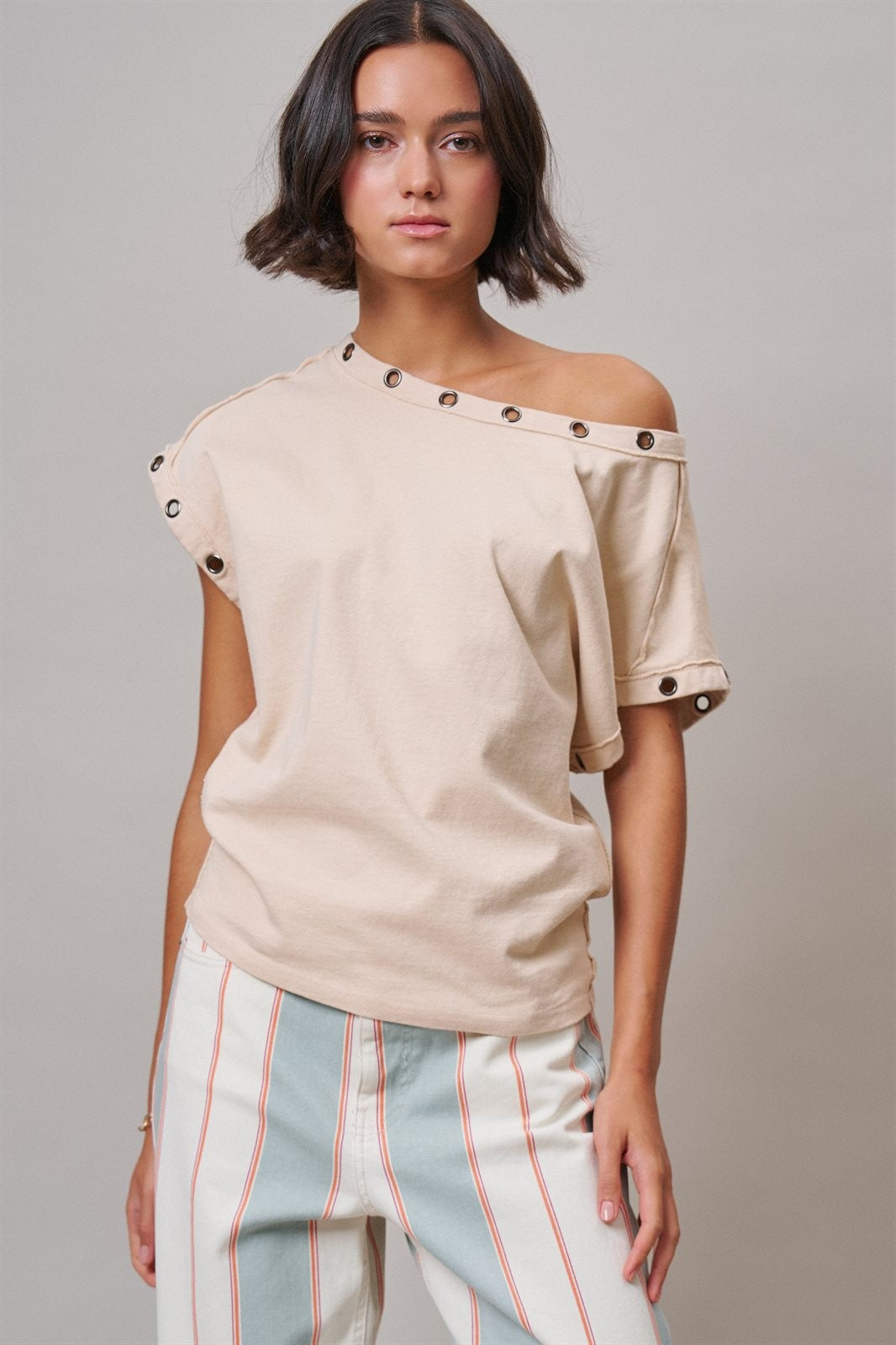 Grommet Trim Washed Cotton Boat Neck Top in CHALK - Women's T-Shirts & Polos | Urban Daizy