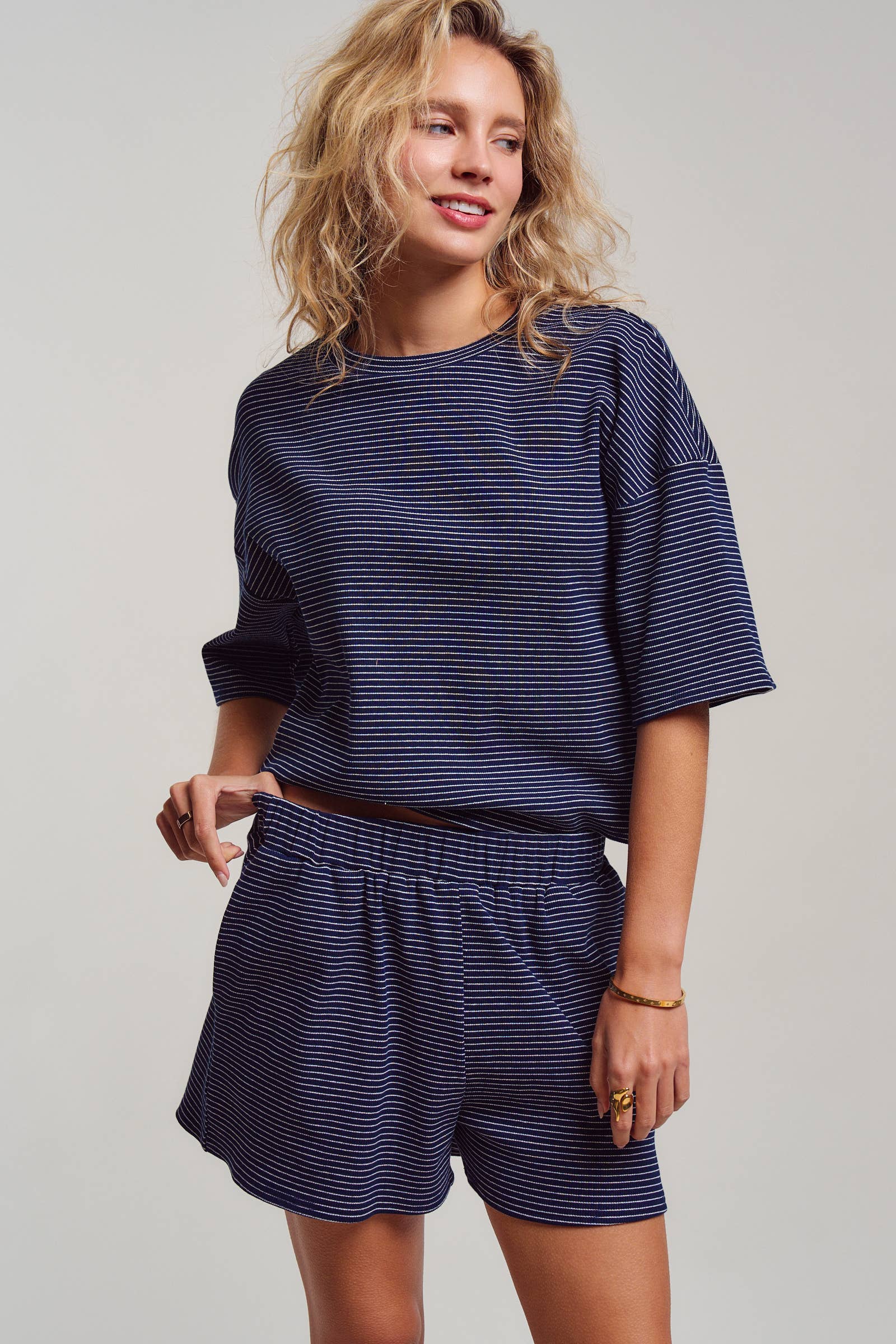 Striped Knit Two-Piece Lounge Set Boxy Tee