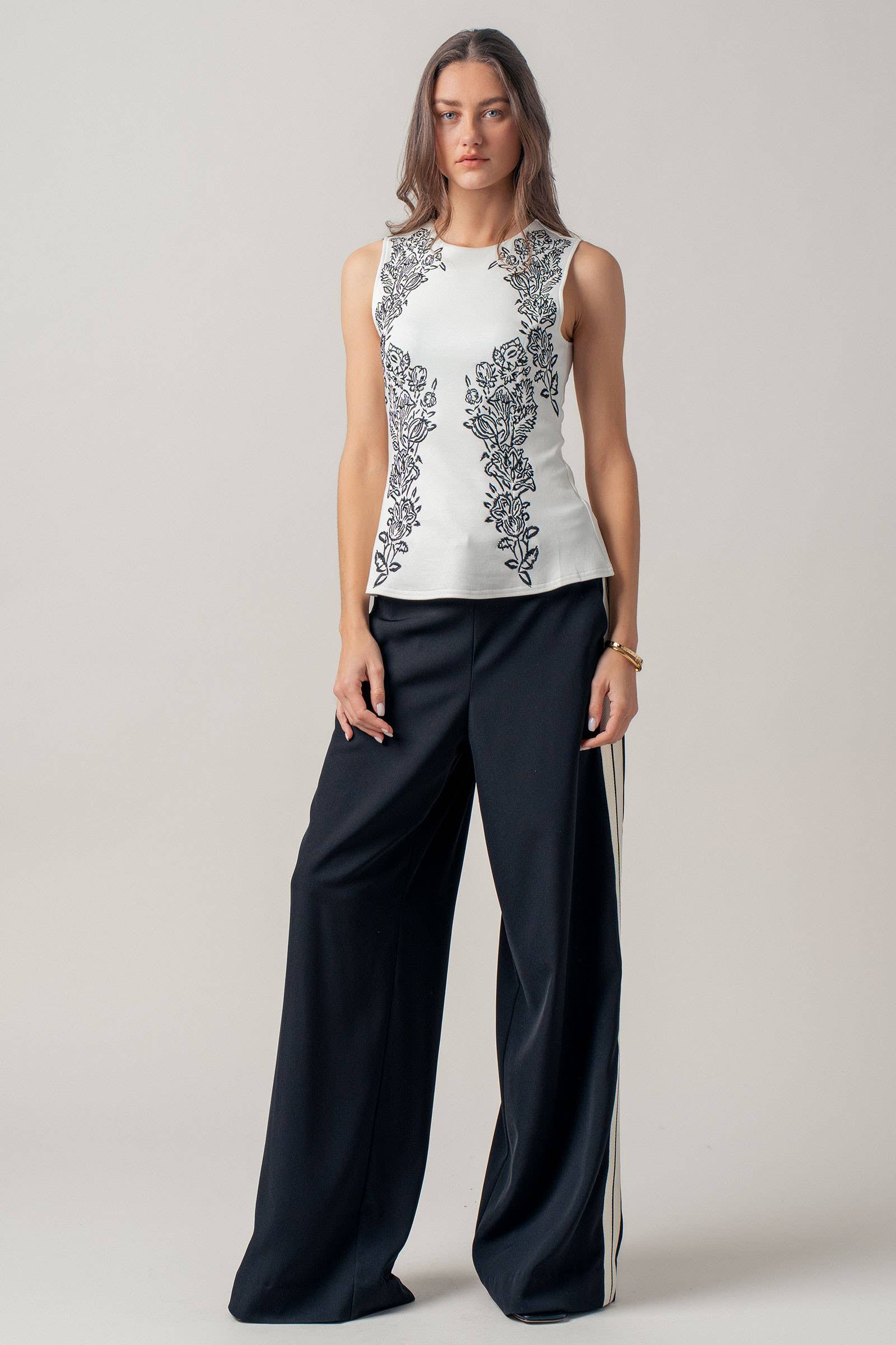 Urban Daizy Floral Embroidered Sleeveless Knit Peplum Top Ivory-Black Tank Top - Women's (UDZ-TP-01059) – alternate view 9