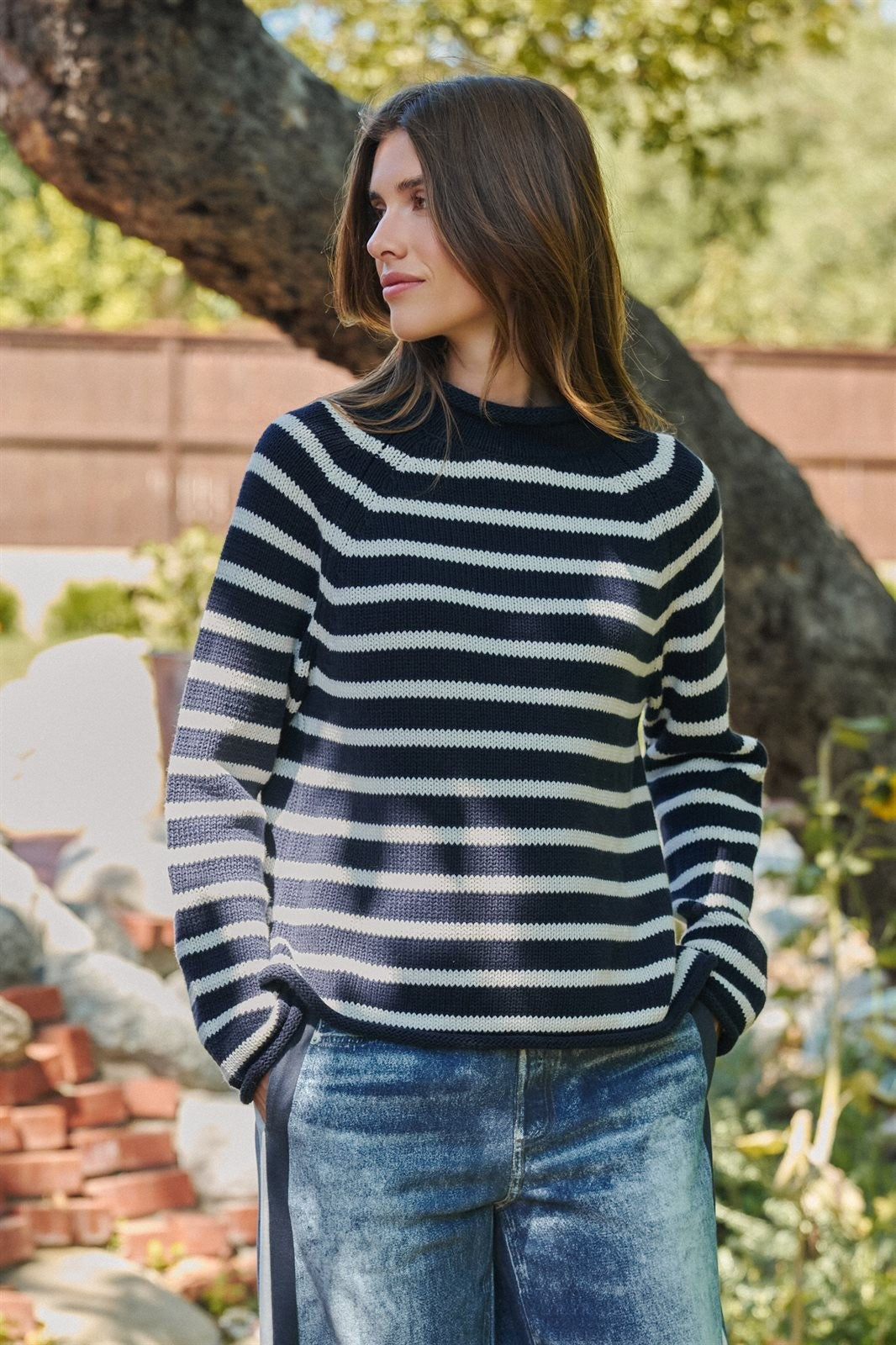 Striped Mock Neck Sweater with Rolled Neckline in IVORY NAVY - Women's Sweaters | Urban Daizy