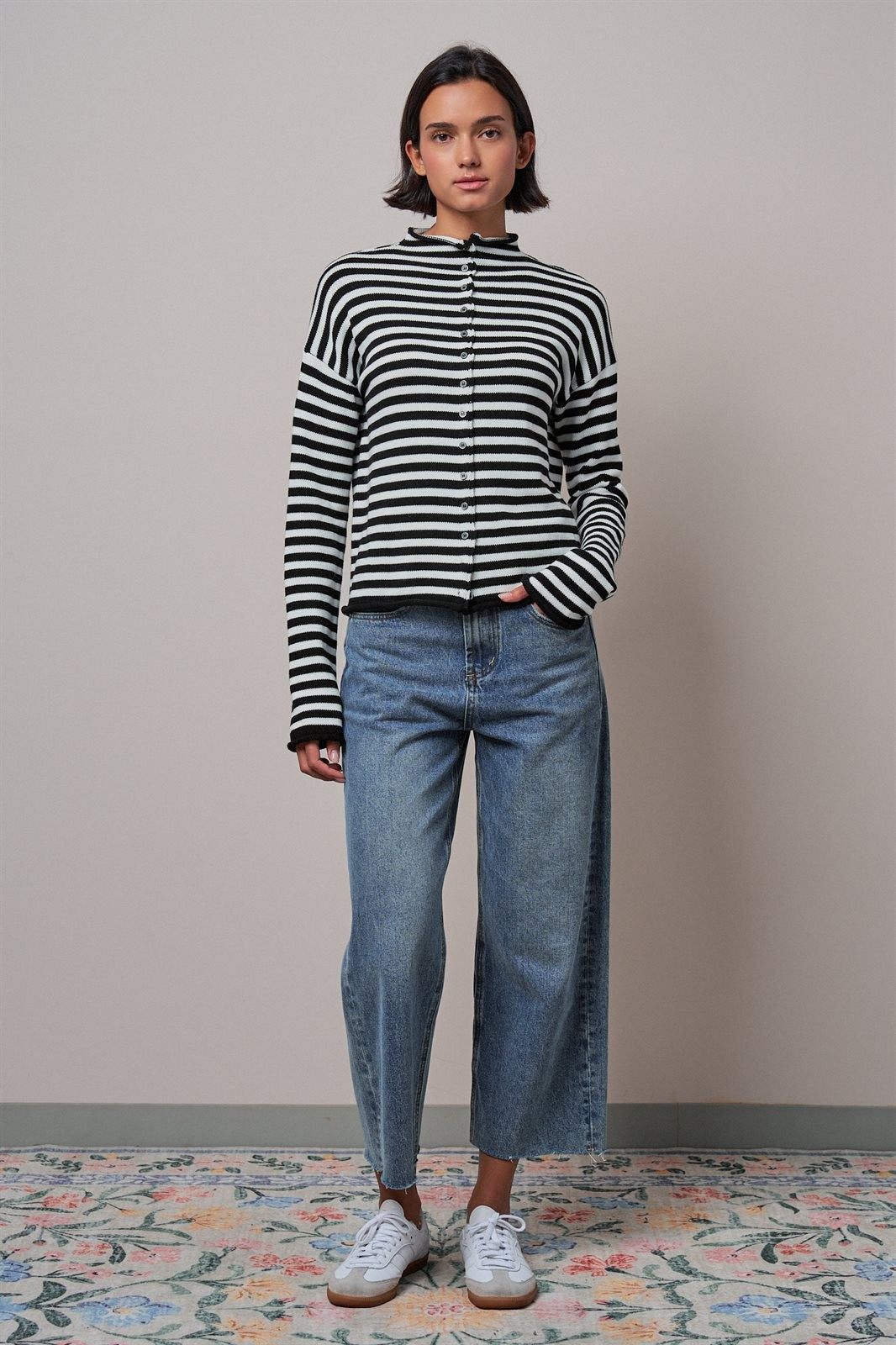 Striped Polo Collar Button Sweater with Rolled Edges in IVORY BLACK - Women's Cardigans & Shrugs | Urban Daizy