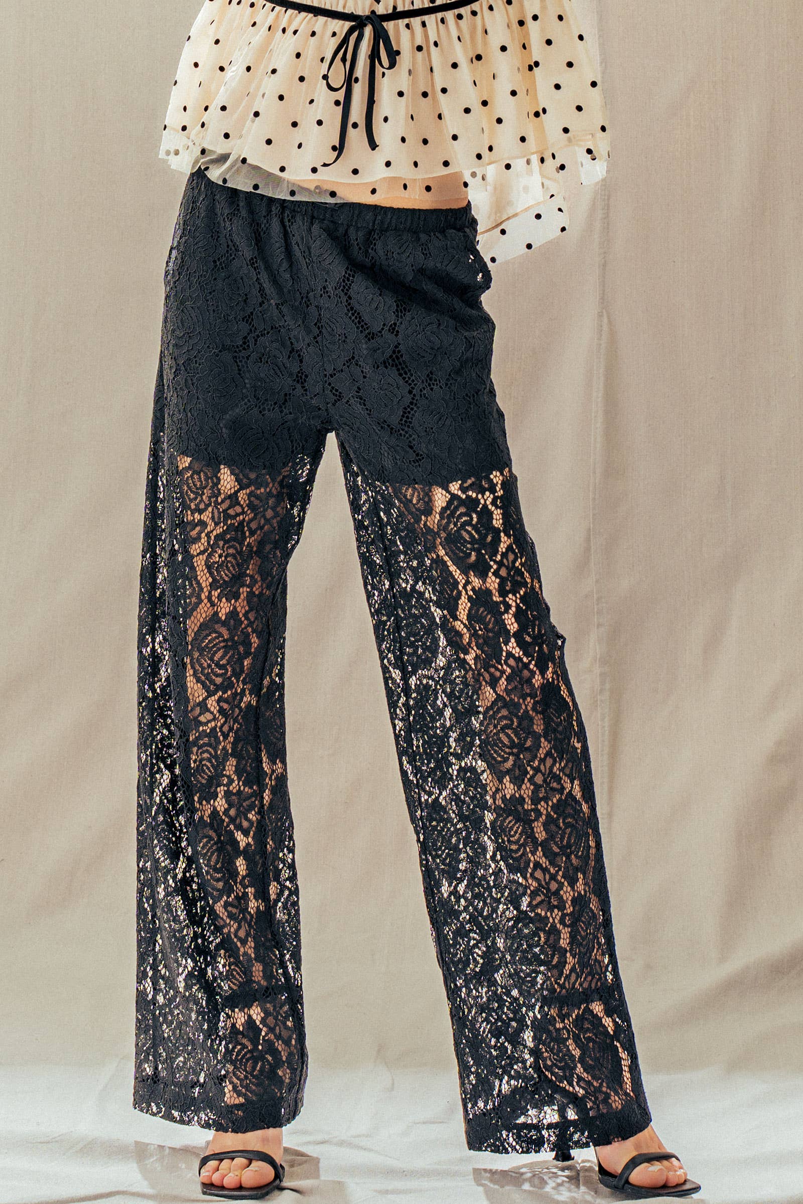 Urban Daizy Floral Lace Wide-Leg Drawstring Pants Black Pants - Women's (UDPT0083-Black) ��� alternate 