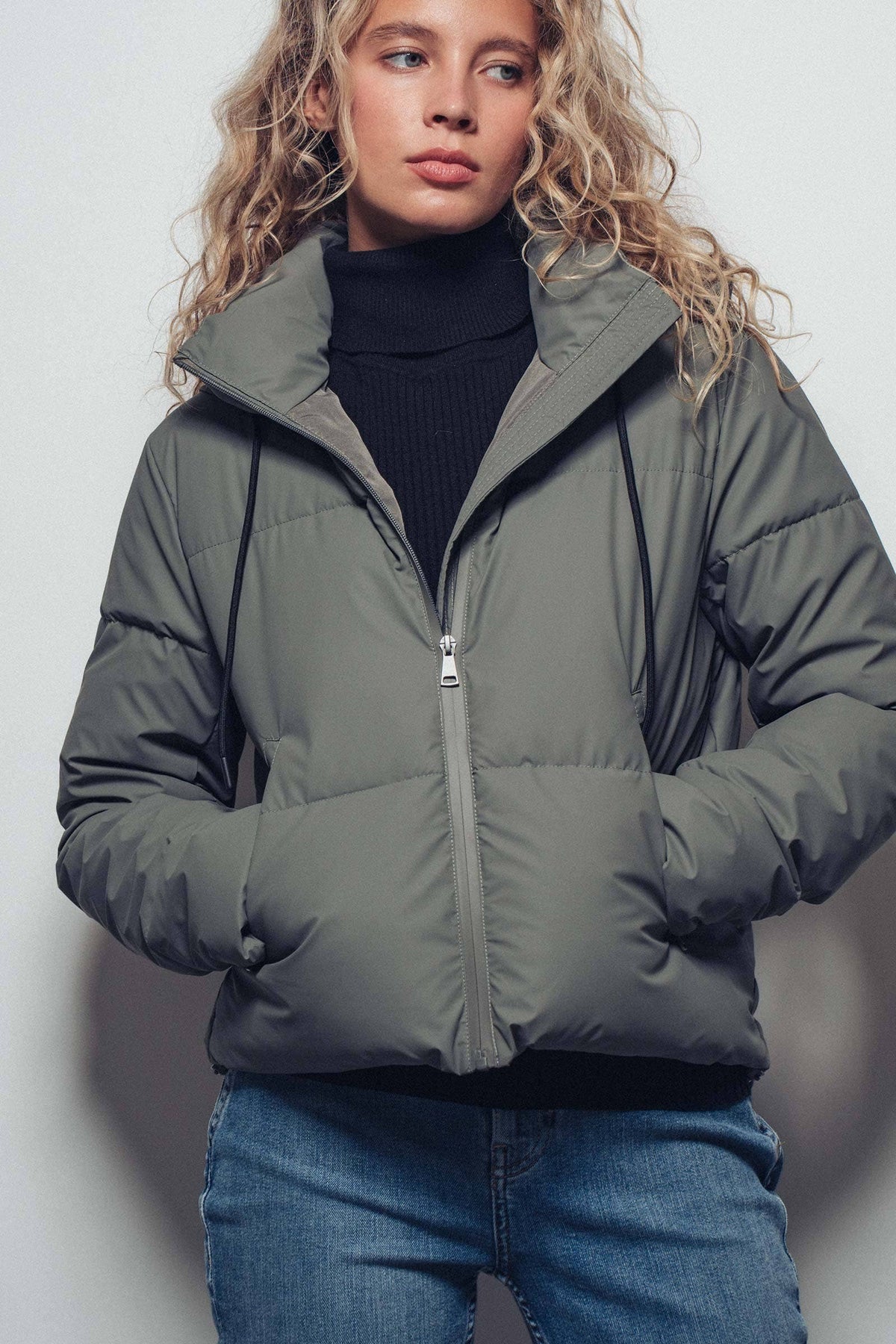 Urban Daizy Cozy Drawstring Hooded Puffer Jacket Black Puffer Jacket - Women's (UDZ-KN-00653) – alternate view 7