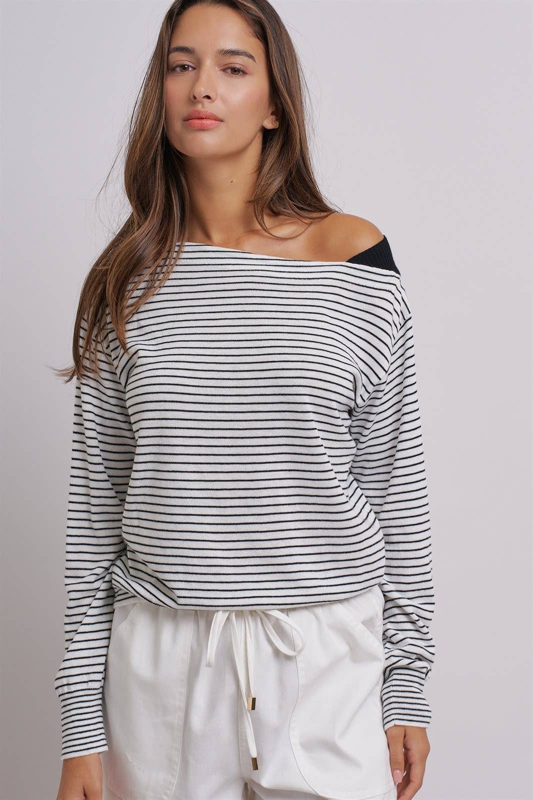 Urban Daizy Asymmetrical Striped One-Shoulder Top Ivory-Black Knit Top - Women's (UDZ-TP-01085-Ivory-Black) – alternate view 12