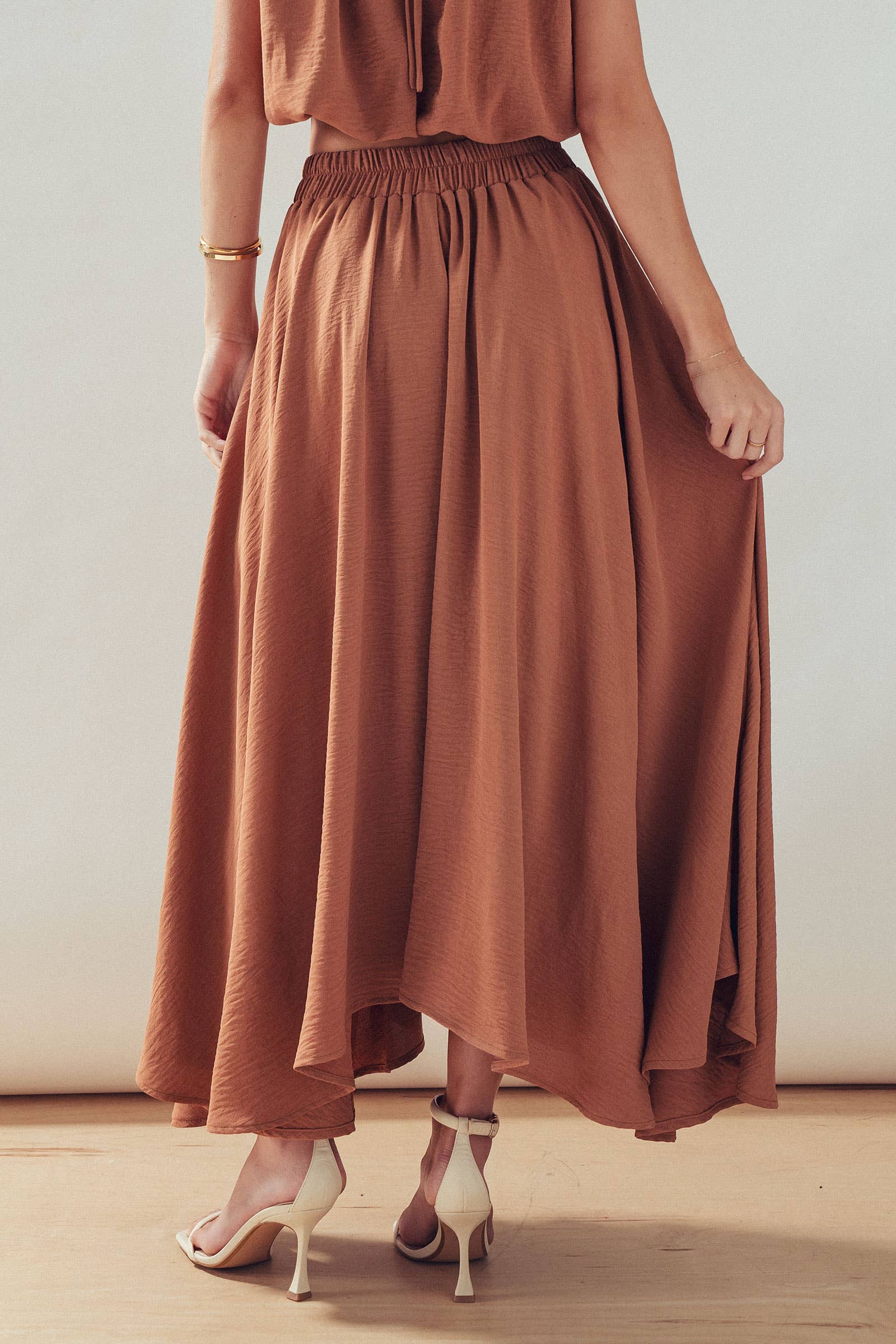 High-Waist Pleated High-Low Maxi Skirt