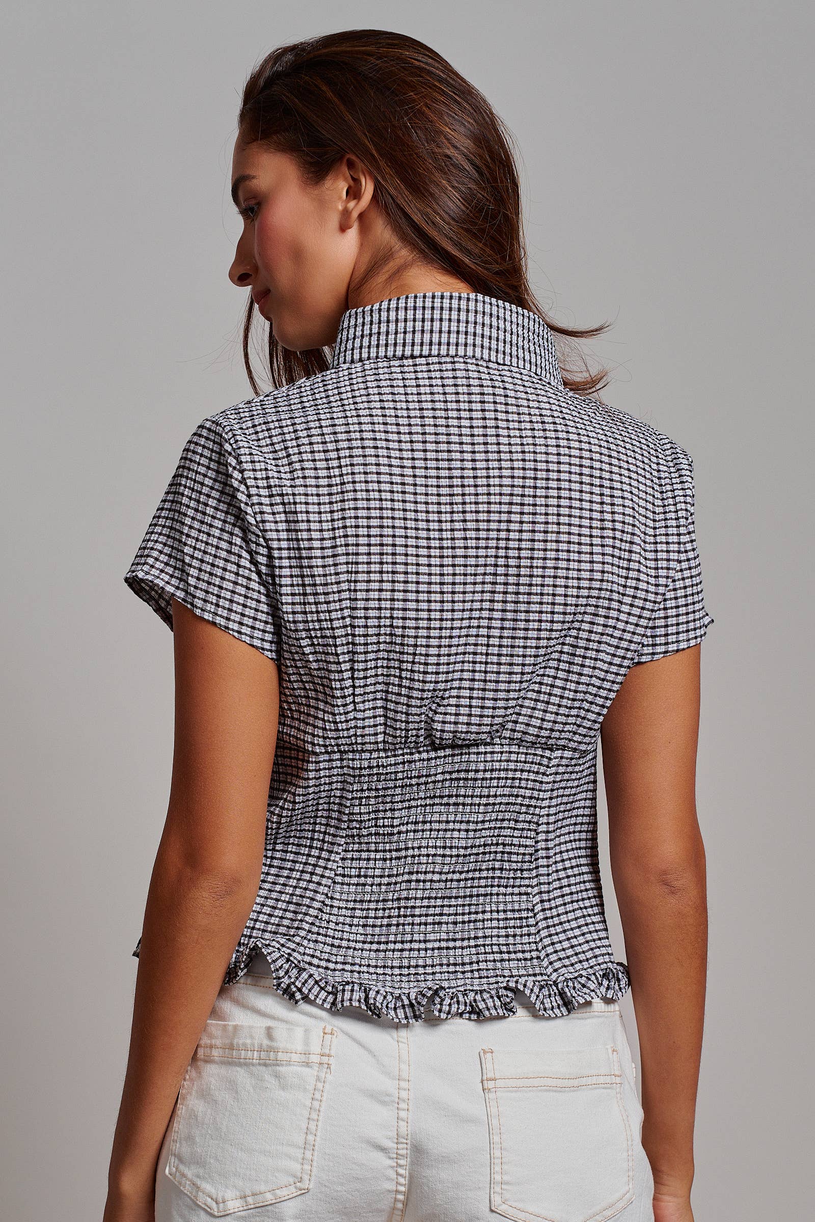 Crinkle Gingham Short Sleeve Peplum Blouse