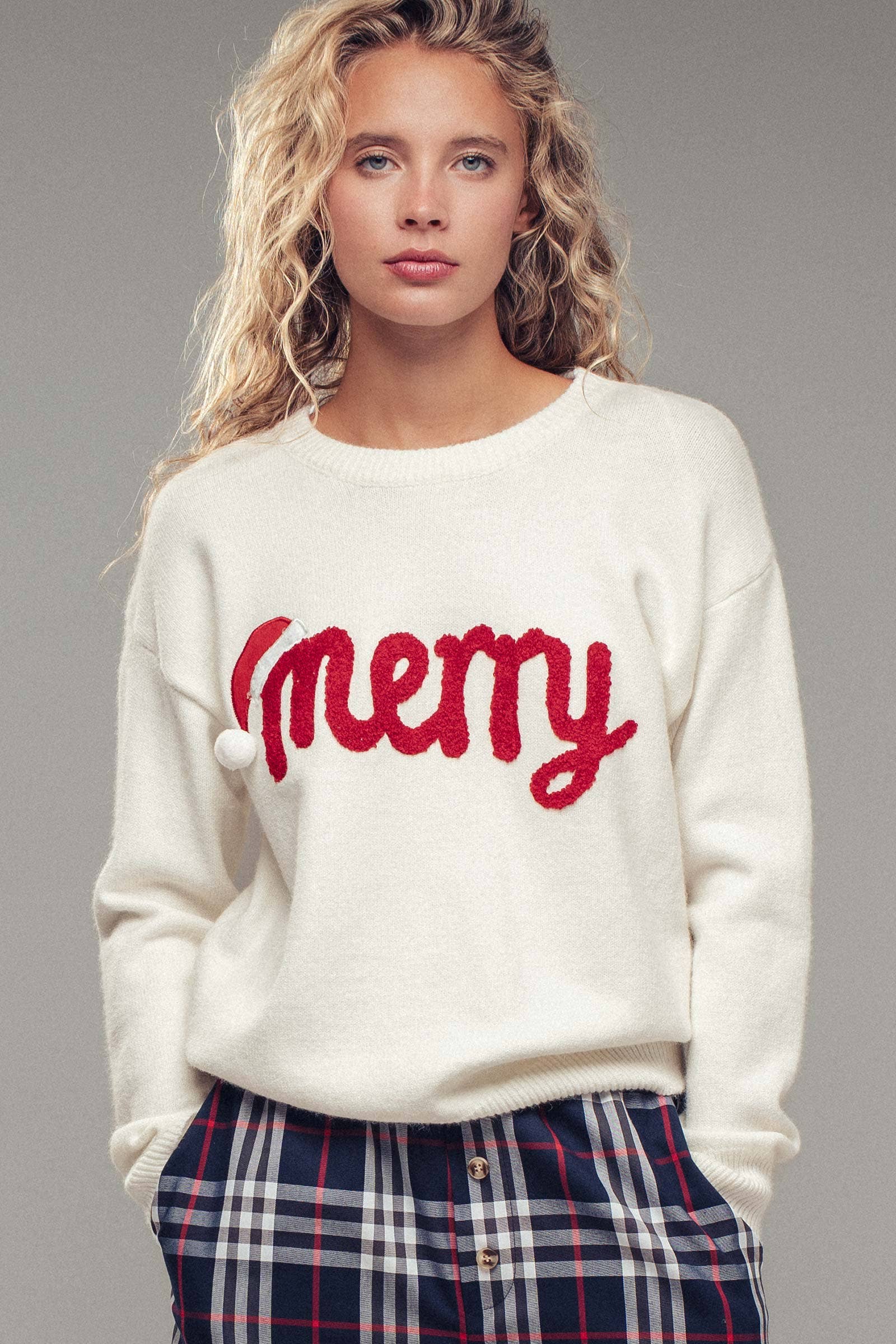 Urban Daizy Merry Embroidered Crewneck Sweater Ivory Knit Sweater - Women's (UDZ-KN-00488) – alternate view 2