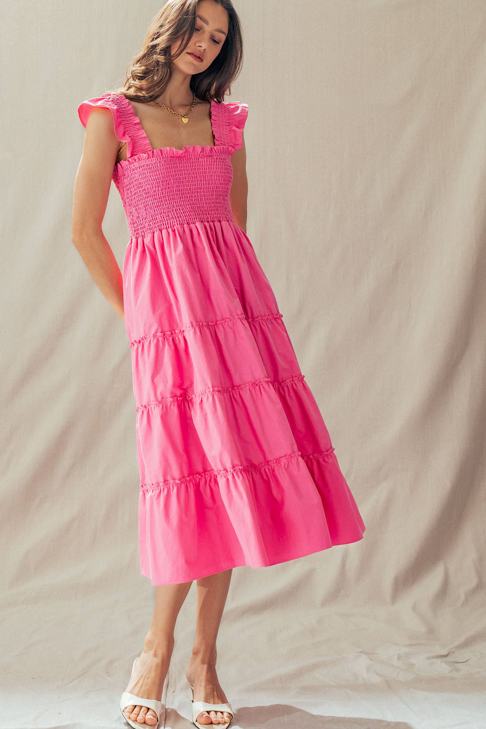 Cotton Smocked Tiered Midi Dress