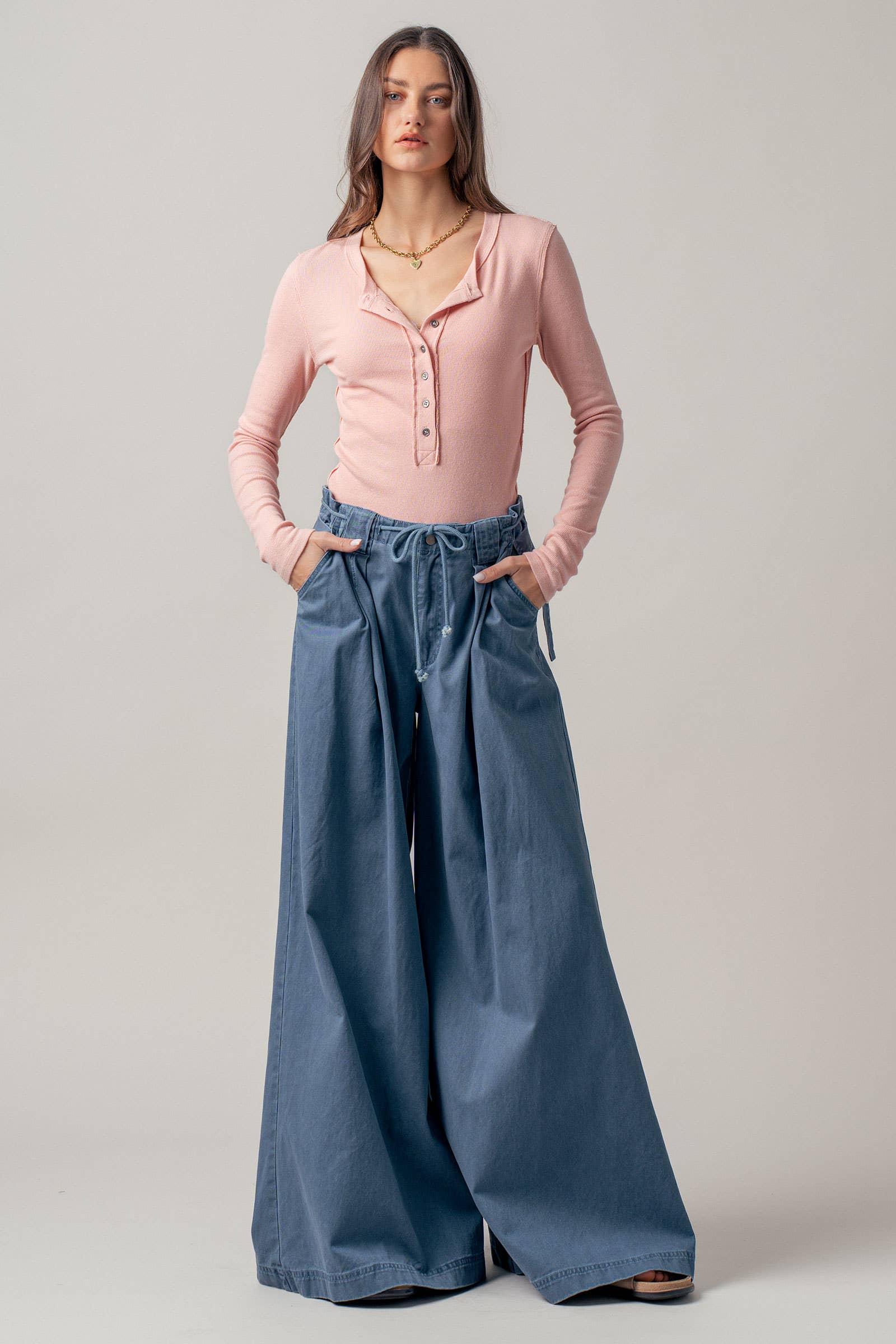 Wide-Leg Drawstring Denim Pants