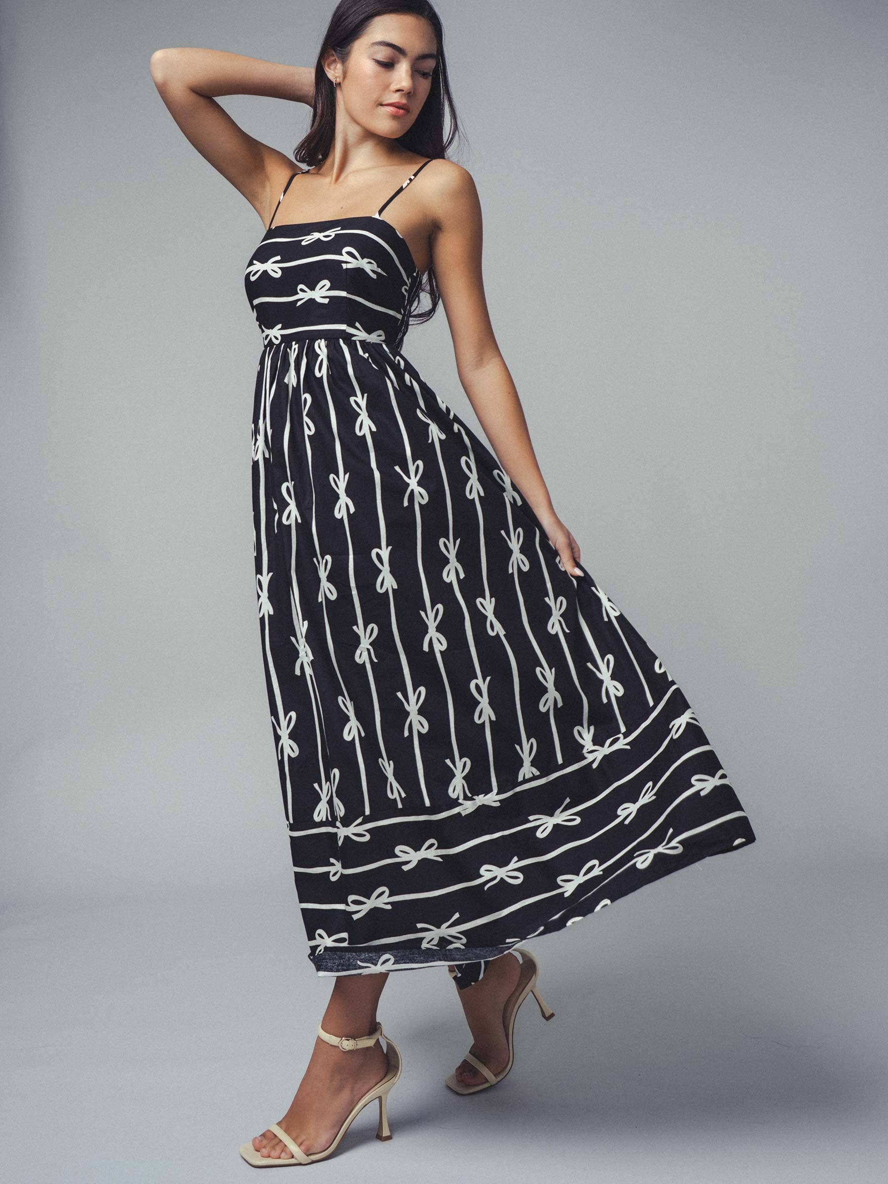 Sweet Ribbon Stripe Bow Print Smocked Back Maxi Dress