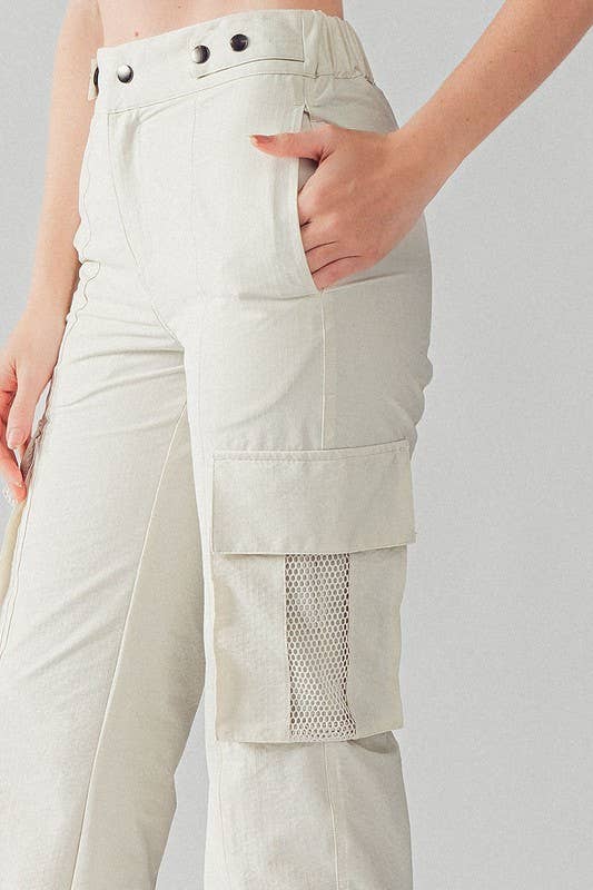 High Waist Mesh Pocket Elastic Cuff Adjustable Cargo Pants