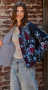 Embroidered Corduroy Jacket with Folk Floral Scroll in NAVY - Women's Jackets & Blazers | Urban Daizy
