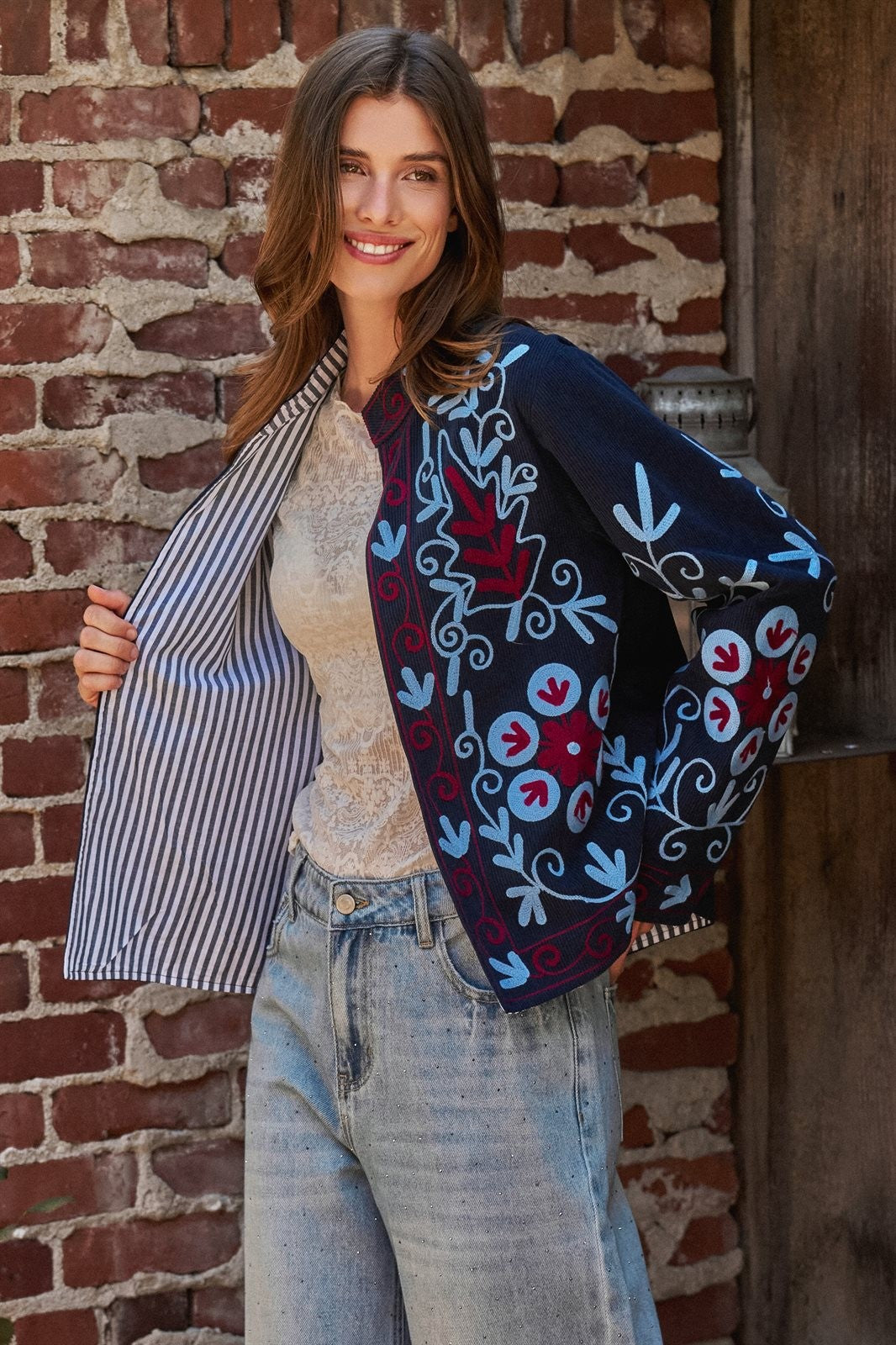 Embroidered Corduroy Jacket with Folk Floral Scroll in NAVY - Women's Jackets & Blazers | Urban Daizy