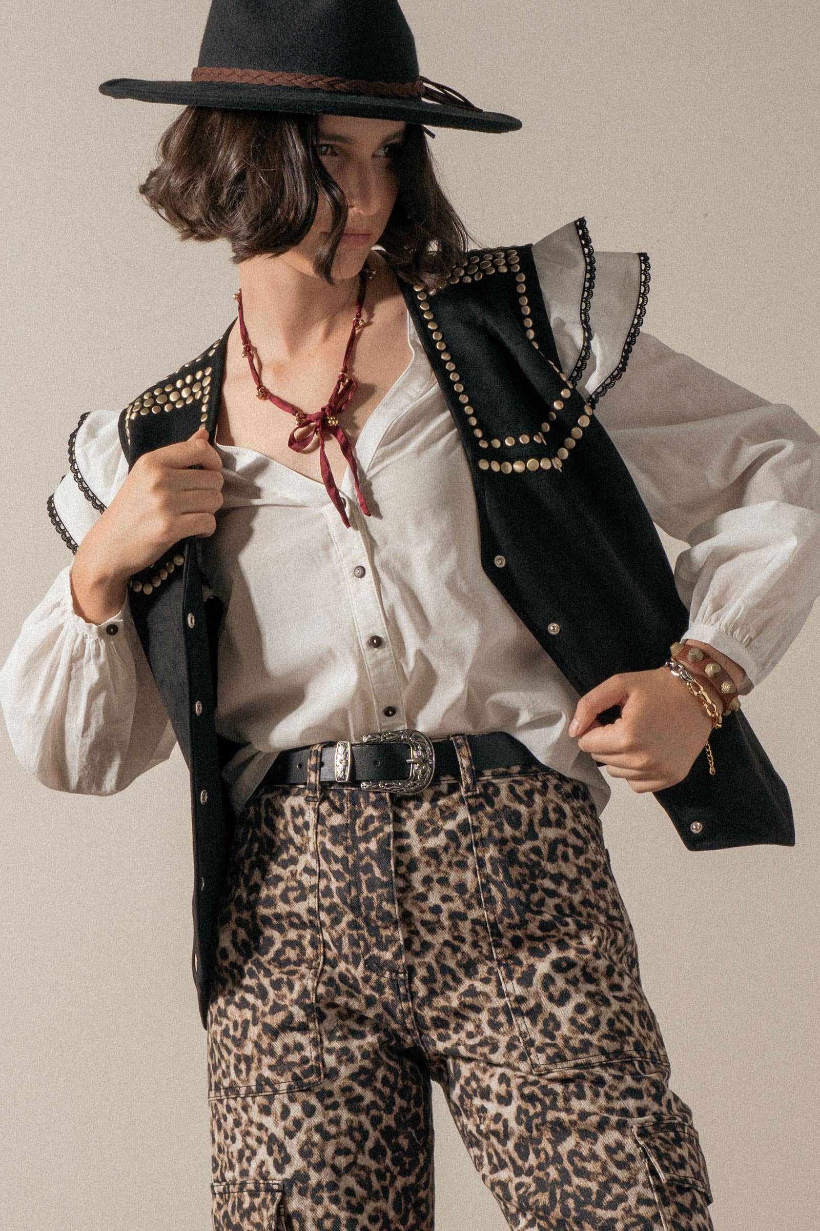 Urban Daizy Ruffled Shoulder V Neck Button Down Blouse White Black Blouse - Women's (UDZ-TP-00746) – alternate view 9